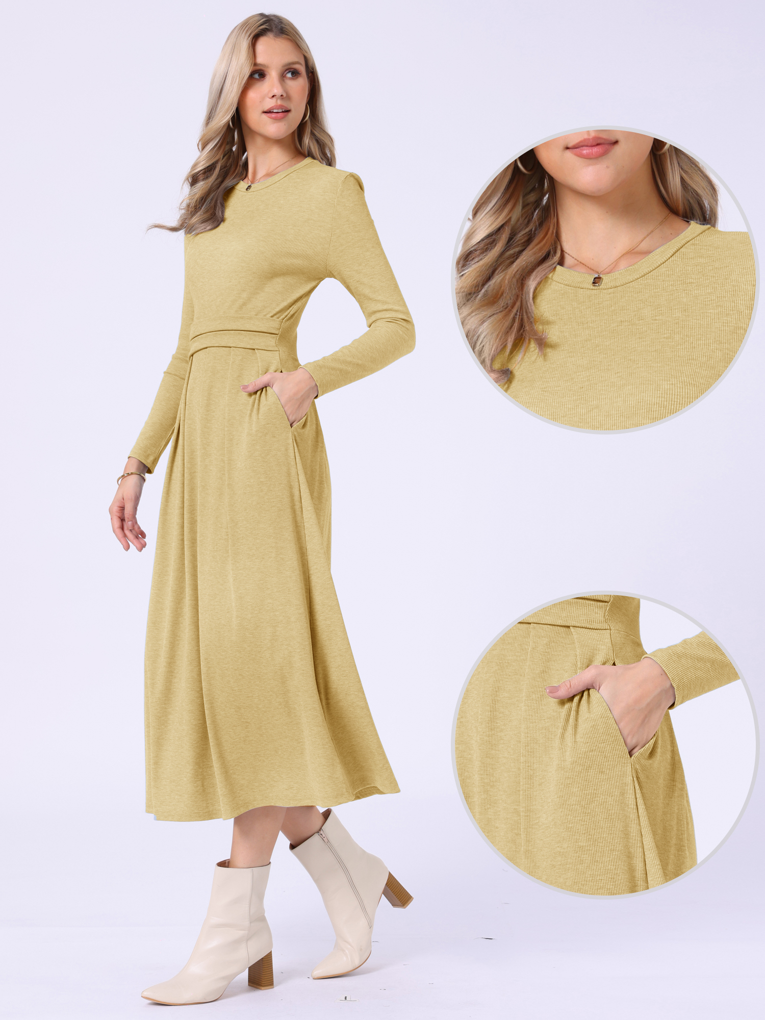 Allegra – Crew Neck Long Sleeve Pocketed A-Line Sweater Dresses Yellow/L