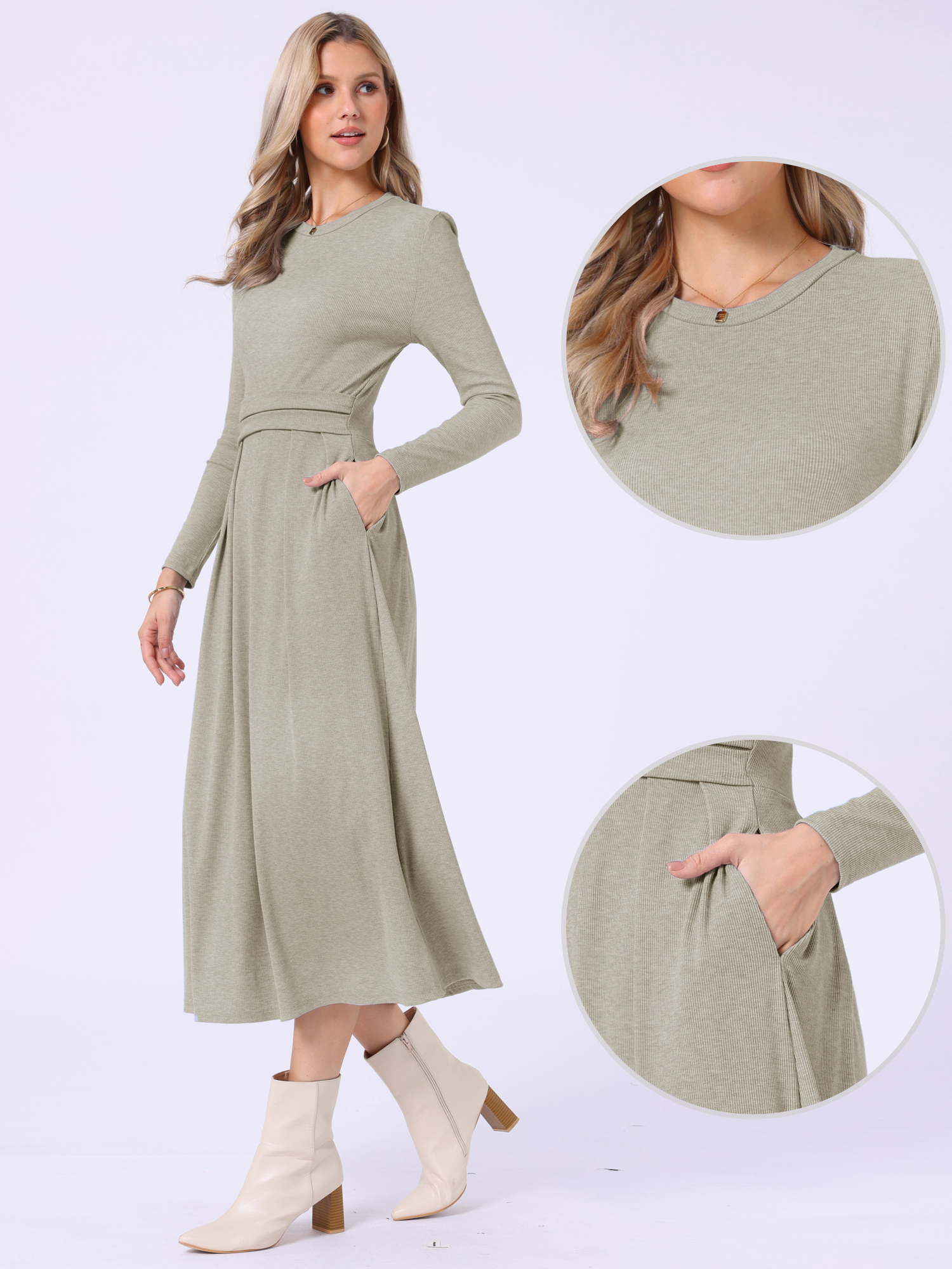 Crew Neck Long Sleeve Pocketed A-Line Sweater Dresses Grey Khaki/L