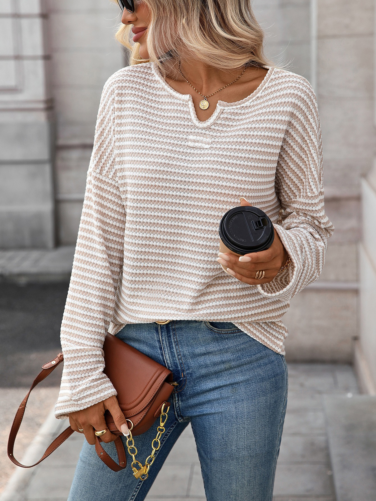 Notch Neck Textured Waffle Knit Long Sleeves Top Apricot/M
