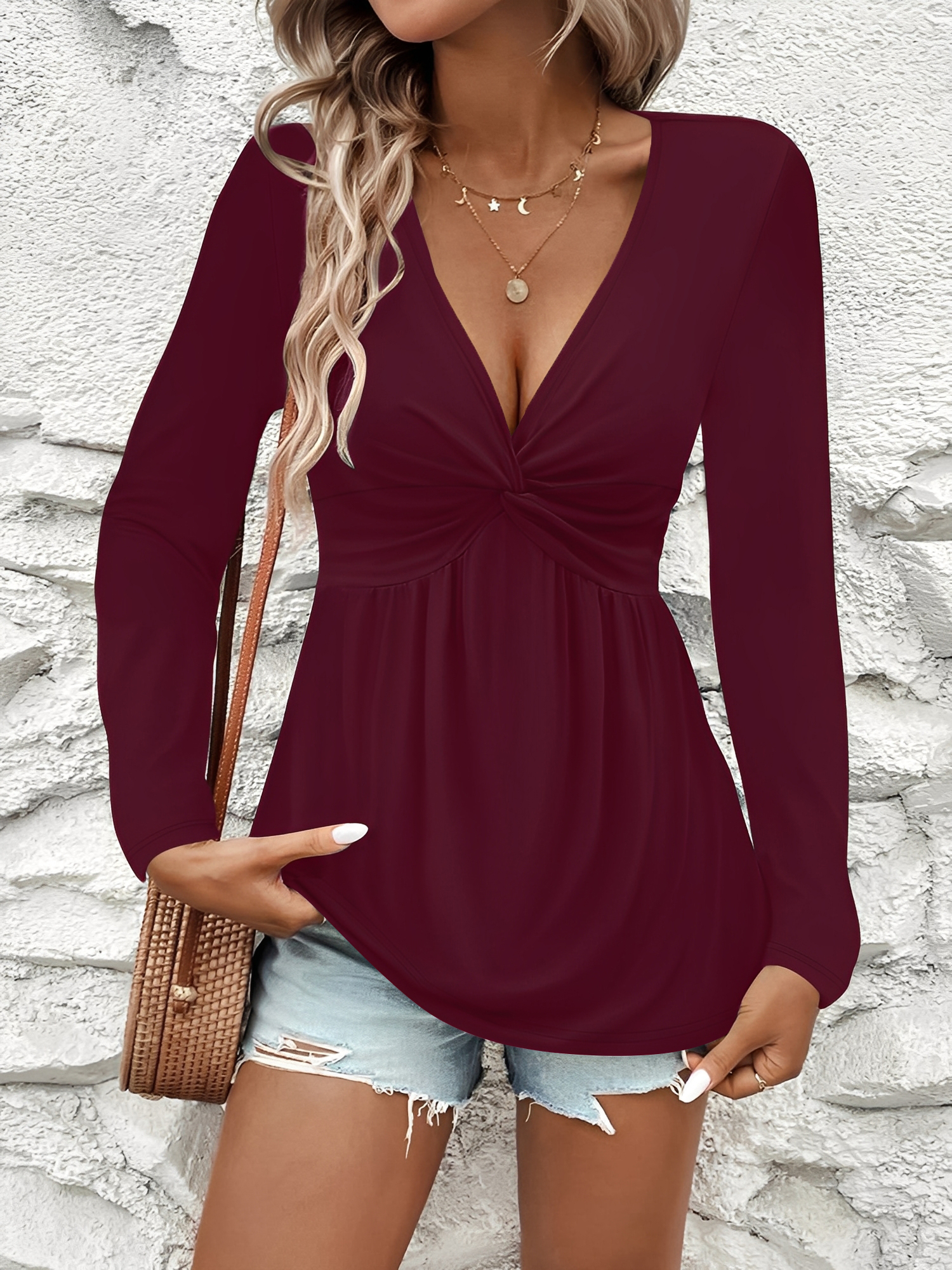 Twisted Ruched Solid Color Long Sleeve V Neck Blouse Burgundy/M