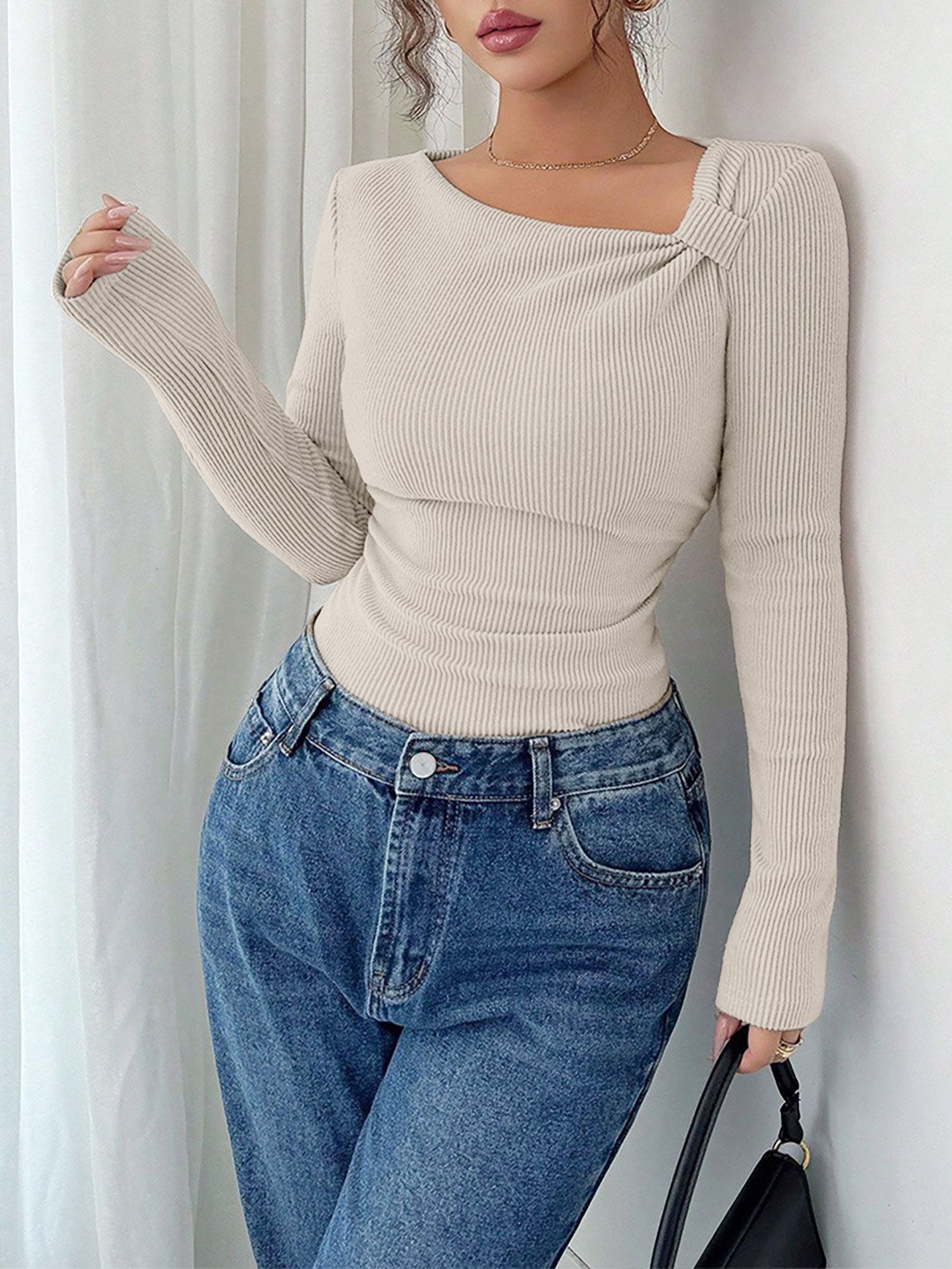 Solid Color Irregular Neck Long Sleeves Stretchy Blouse Apricot/S