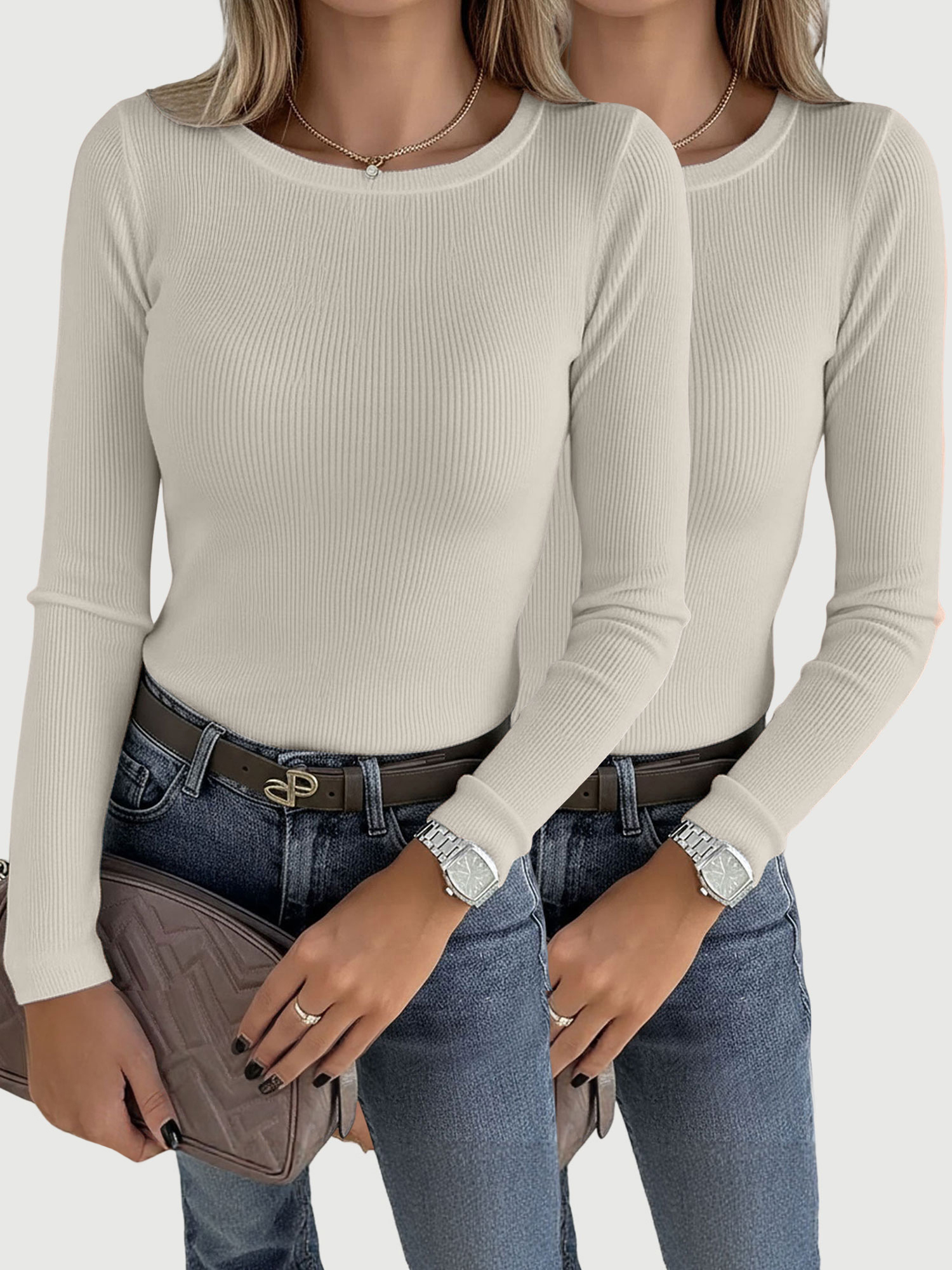 2 Pieces Long Sleeve Stretch Crew Neck Ribbed Top Beige/M