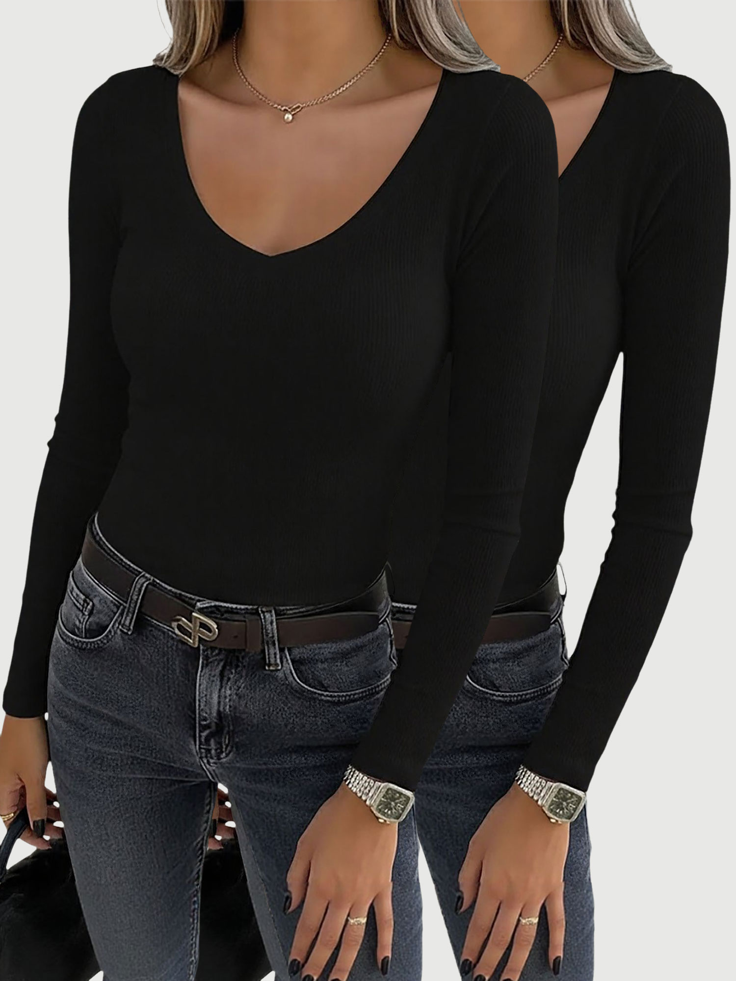 2 Pieces Slim-Fit Long Sleeve V-Neck Casual Ribbed Top Black/M