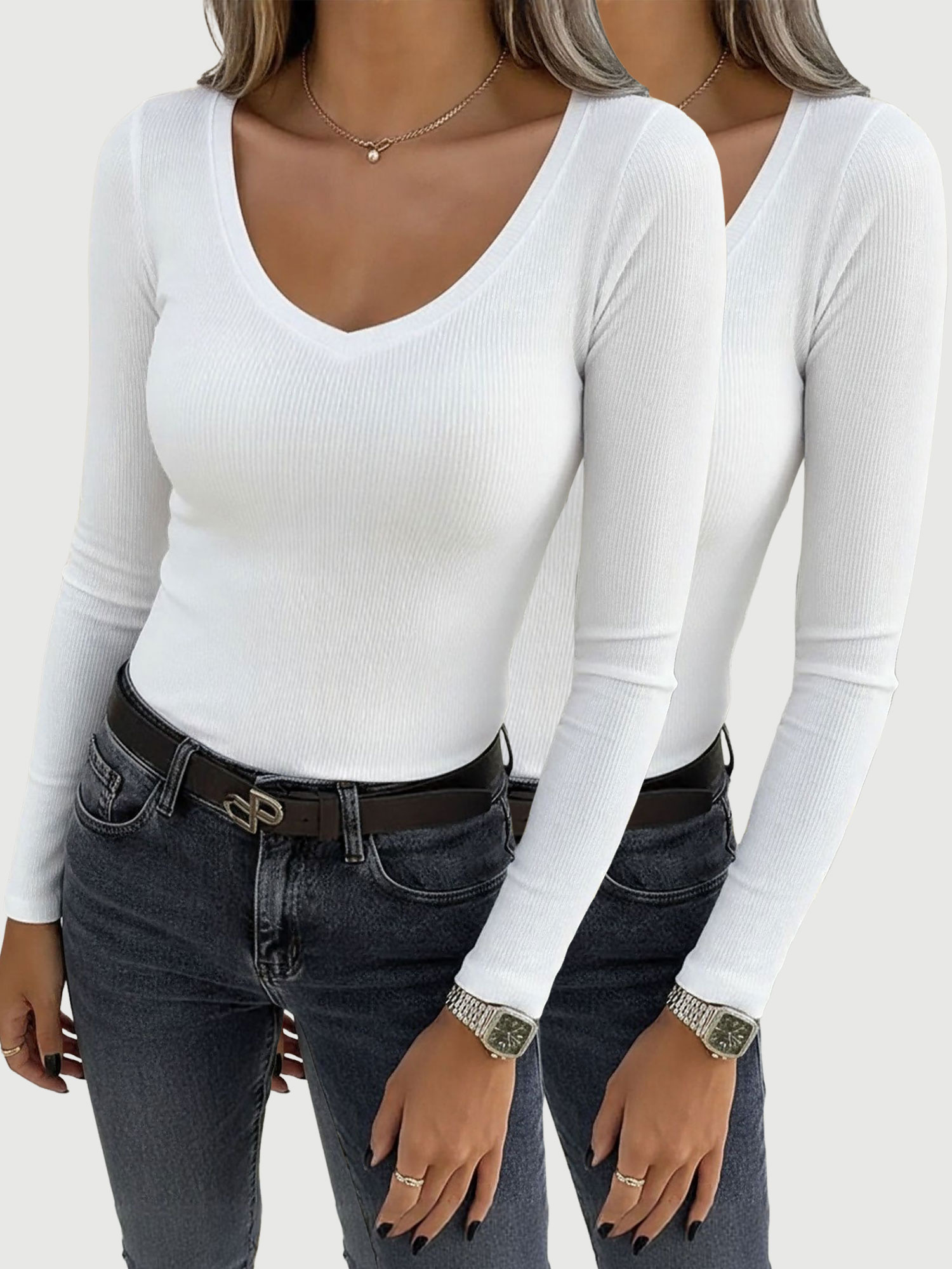 2 Pieces Slim-Fit Long Sleeve V-Neck Casual Ribbed Top White/M