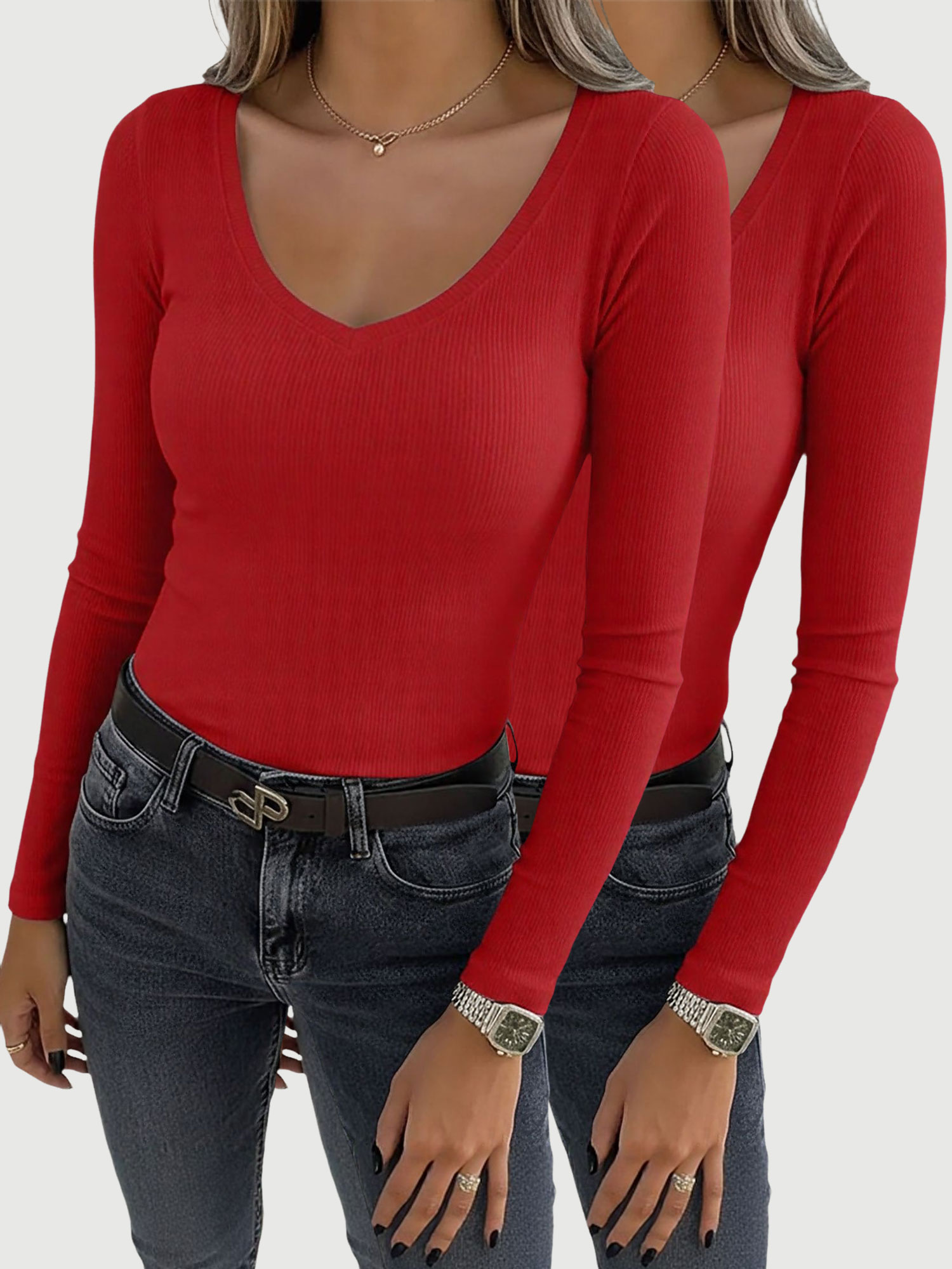 2 Pieces Slim-Fit Long Sleeve V-Neck Casual Ribbed Top Red/L