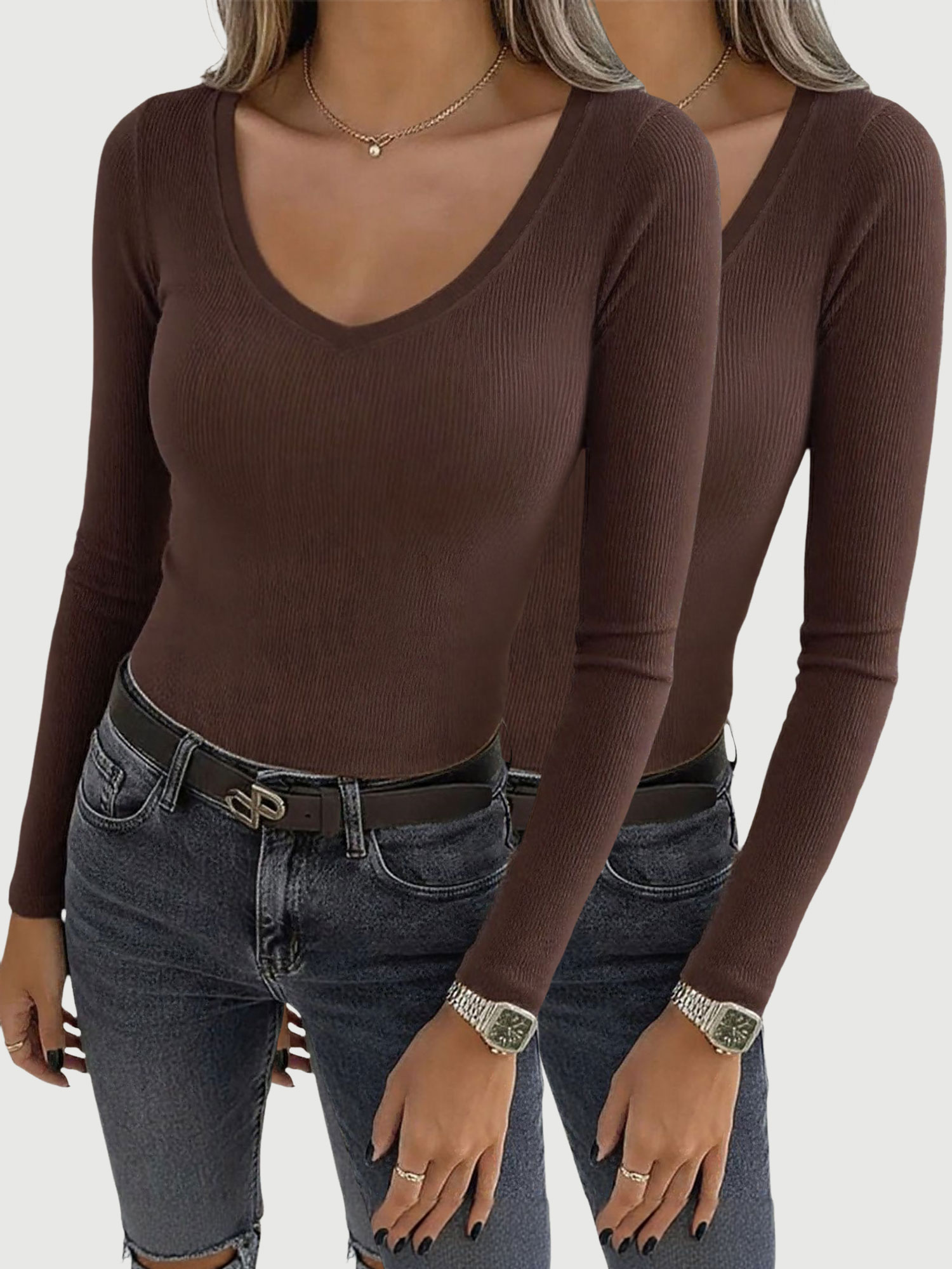 2 Pieces Slim-Fit Long Sleeve V-Neck Casual Ribbed Top Brown/XL
