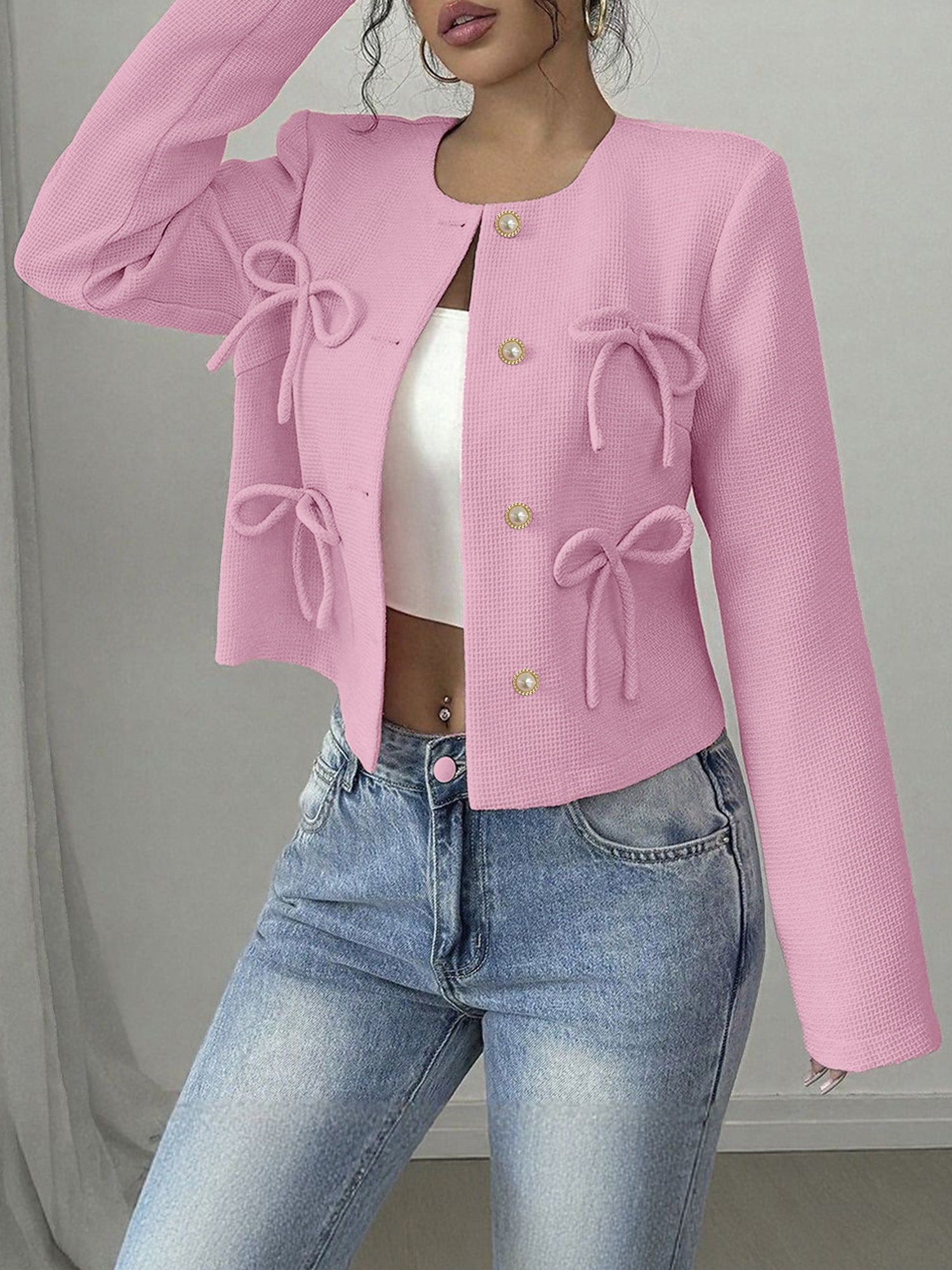 Collarless Long Sleeves Bow Decor Cropped Jacket Pink/L