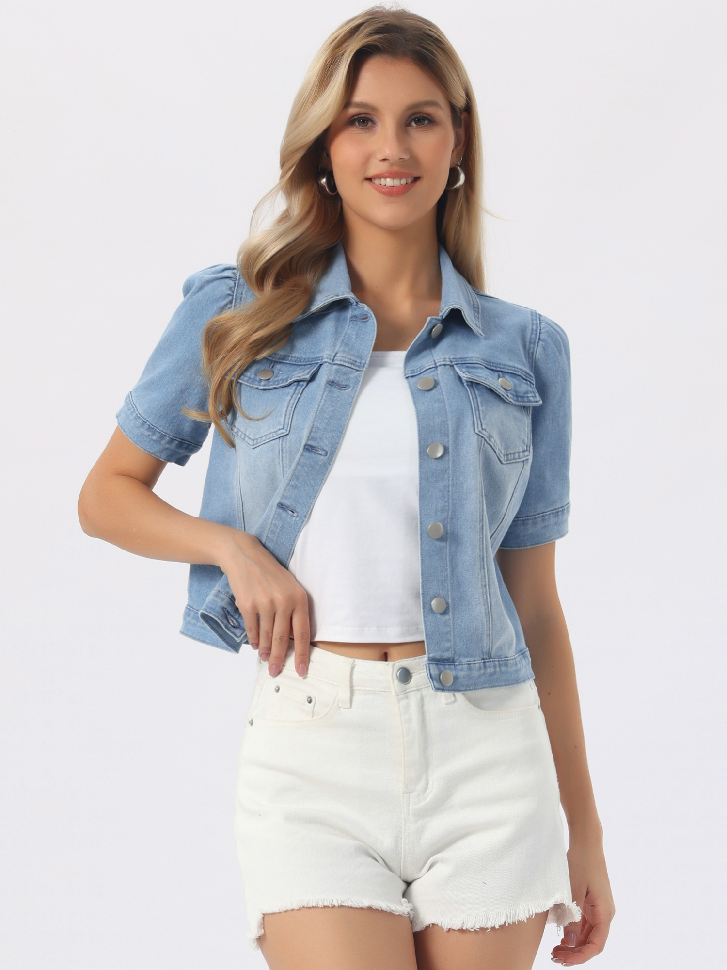 Casual Short Puff Sleeves Button-Down Jean Denim Jacket Light Blue/S