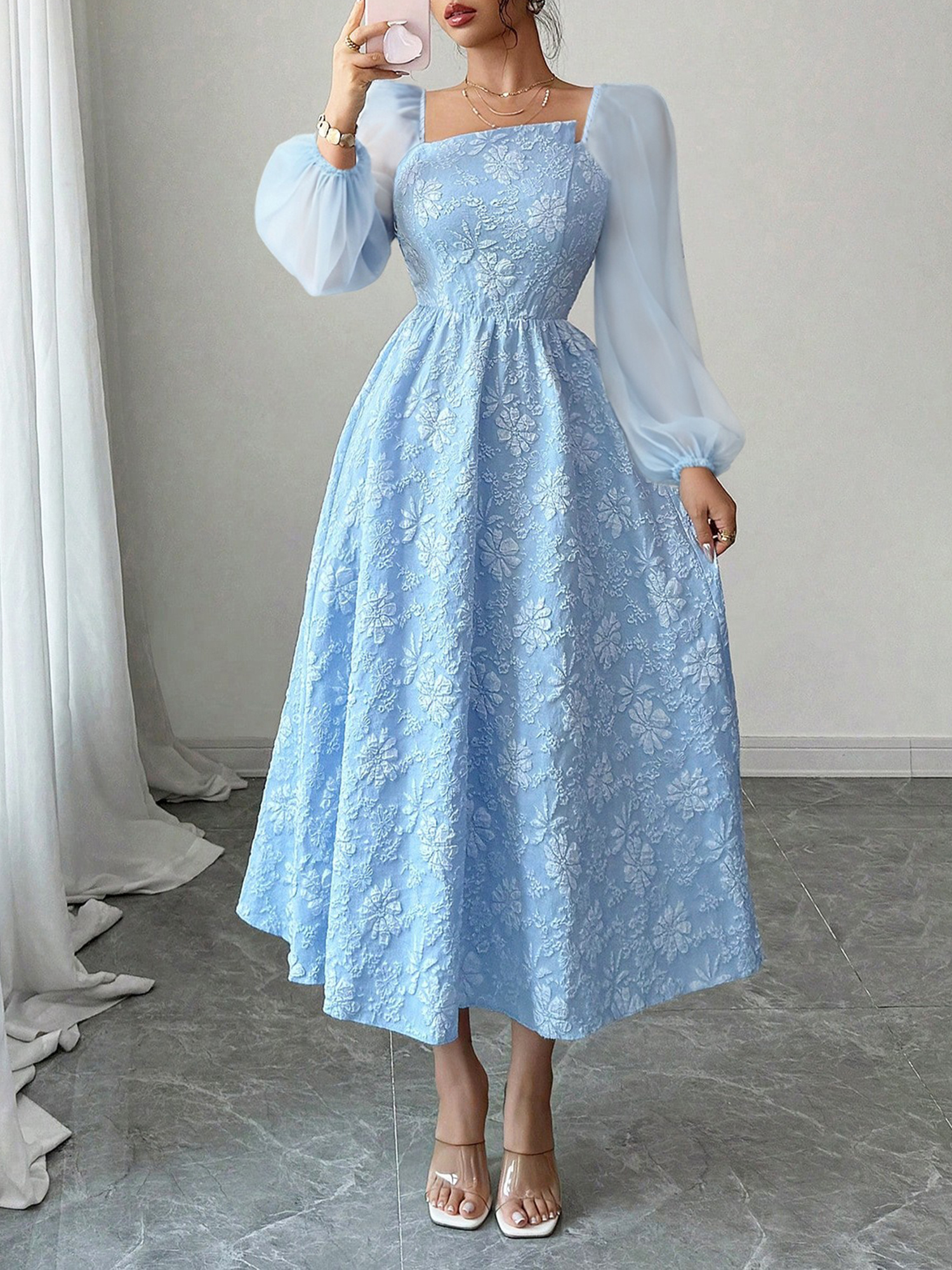Floral Jacquard Chiffon Puff Sleeves Smocked Back A-Line Dress Blue/S