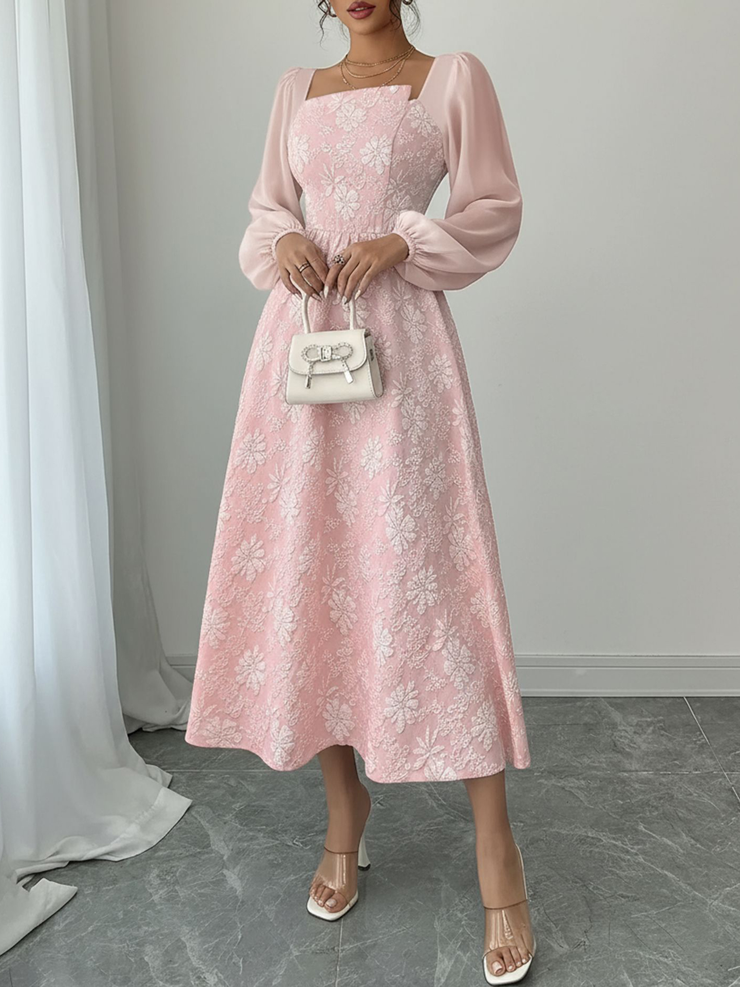 Floral Jacquard Chiffon Puff Sleeves Smocked Back A-Line Dress Pink/S