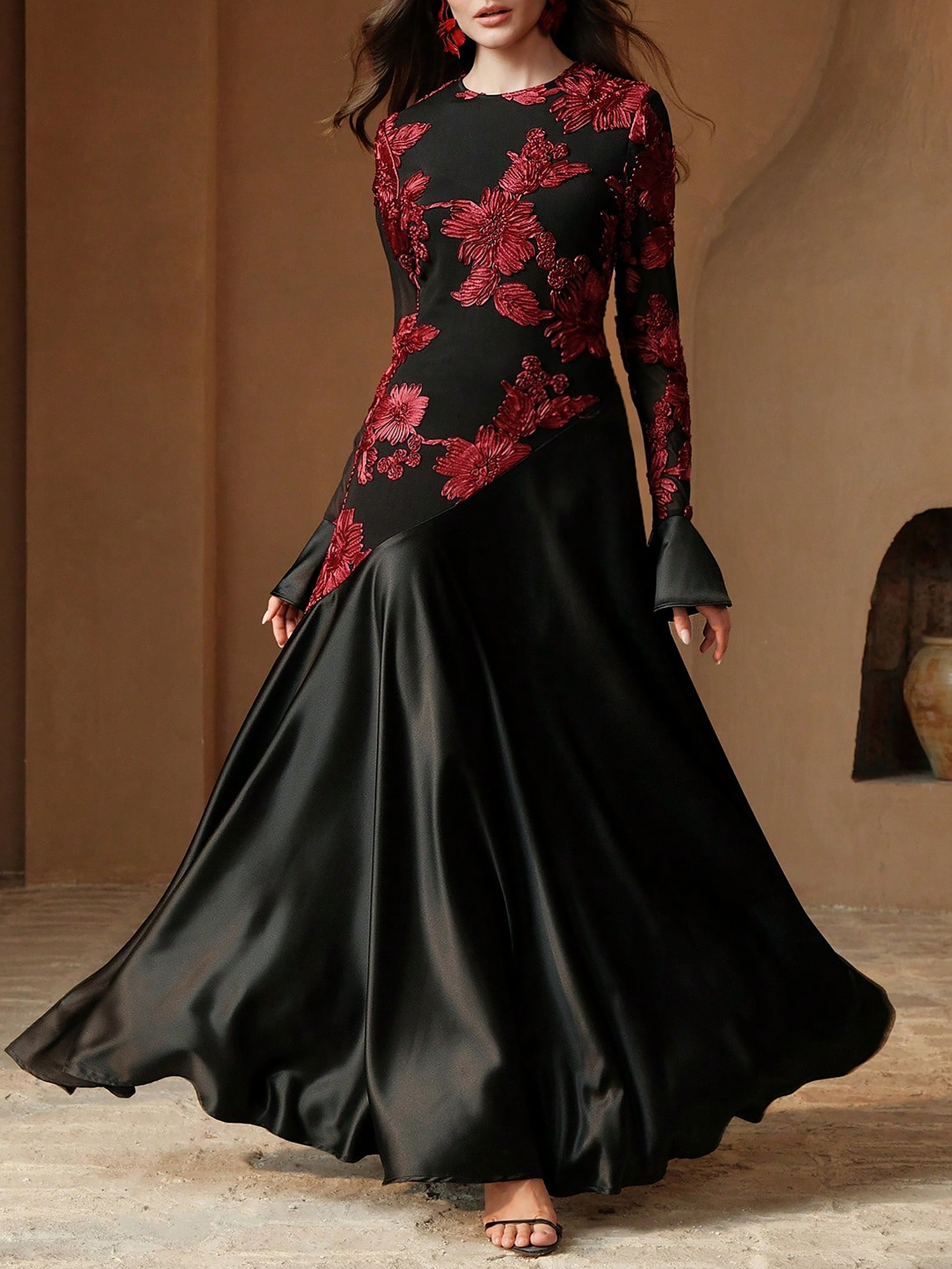 Floral Patchwork Long Sleeve Satin Maxi Evening Dress Black/L