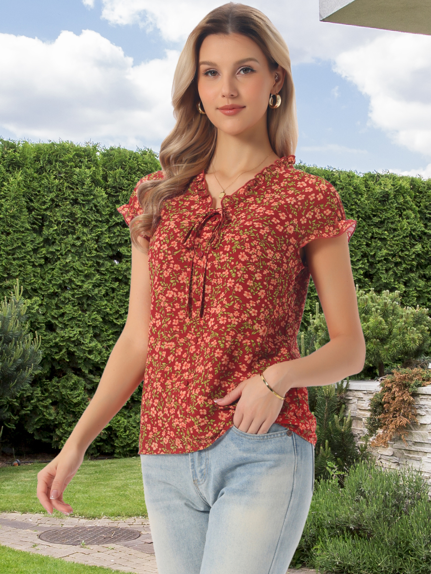 Ditsy Floral Print Chiffon Short Sleeve Ruffle Blouse Red/XS