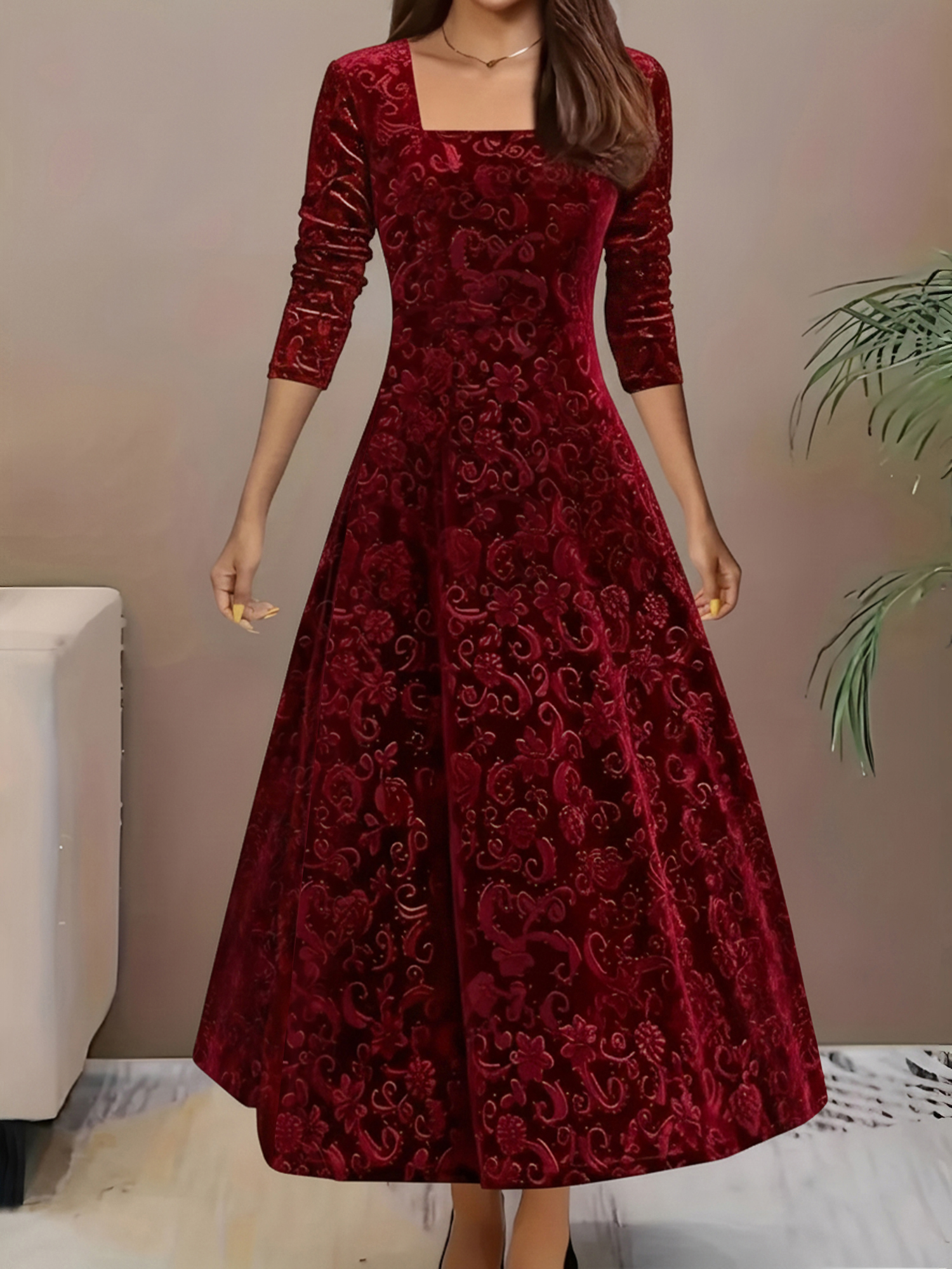 Floral Jacquard Long Sleeve Square Neck Velvet A-Line Dress Burgundy/XL