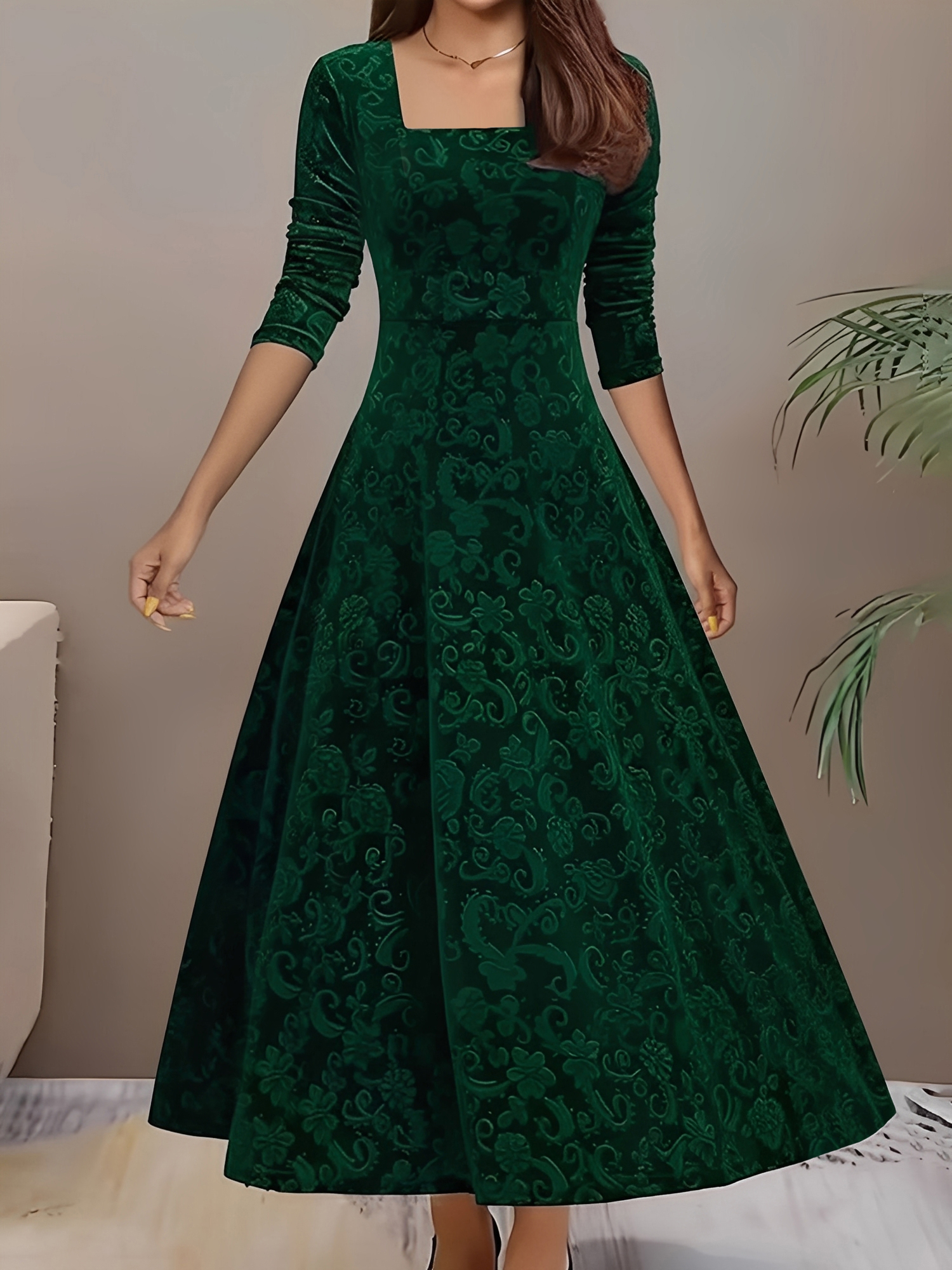Floral Jacquard Long Sleeve Square Neck Velvet A-Line Dress Dark Green/S