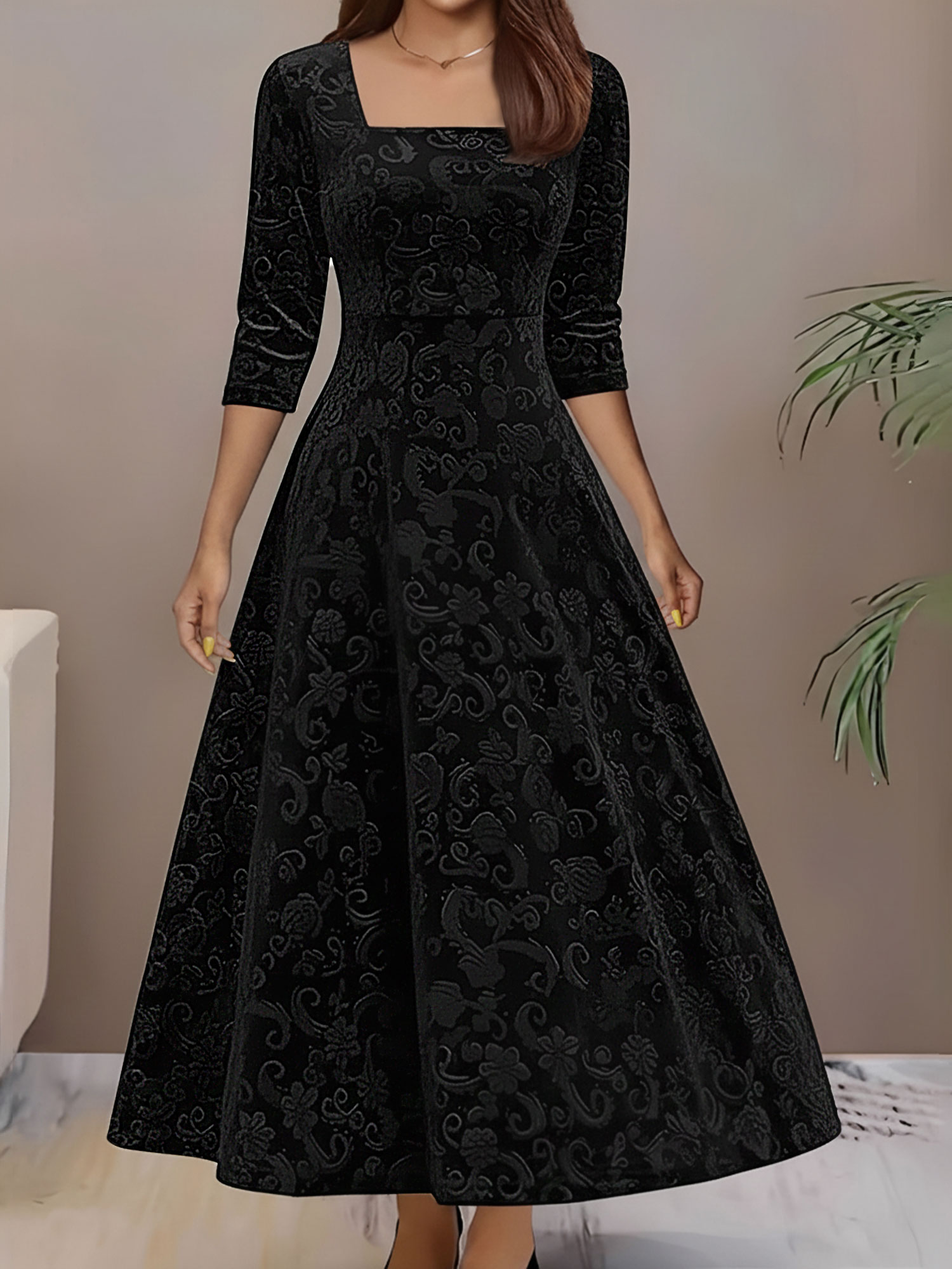 Floral Jacquard Long Sleeve Square Neck Velvet A-Line Dress Black/2XL