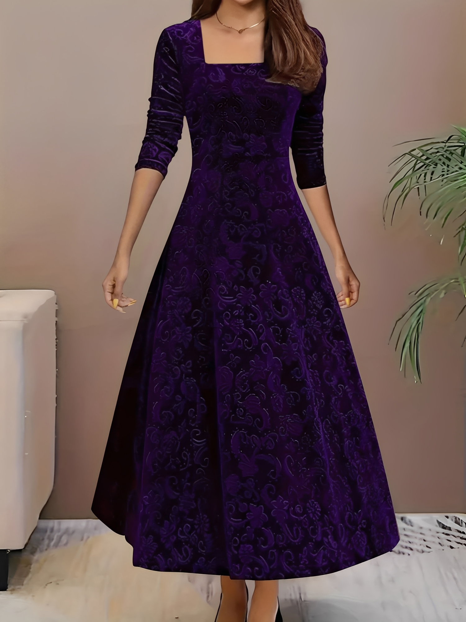 Floral Jacquard Long Sleeve Square Neck Velvet A-Line Dress Purple/L