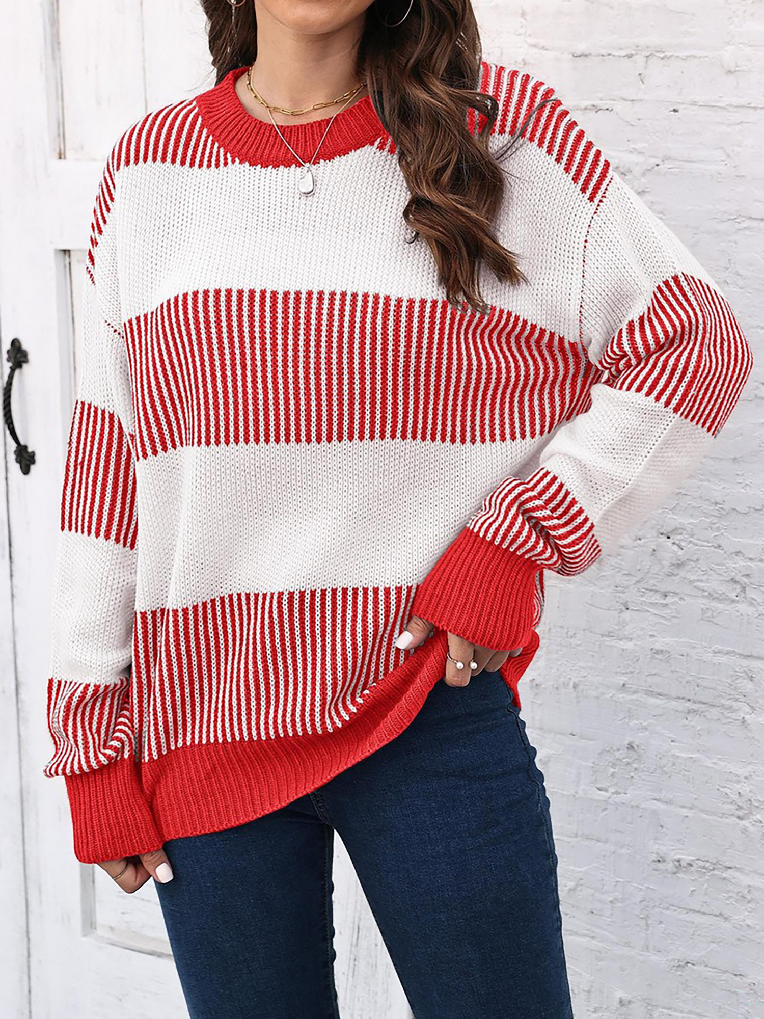 Casual Loose Fit Striped Knitted Pullover Sweater Red/2XL