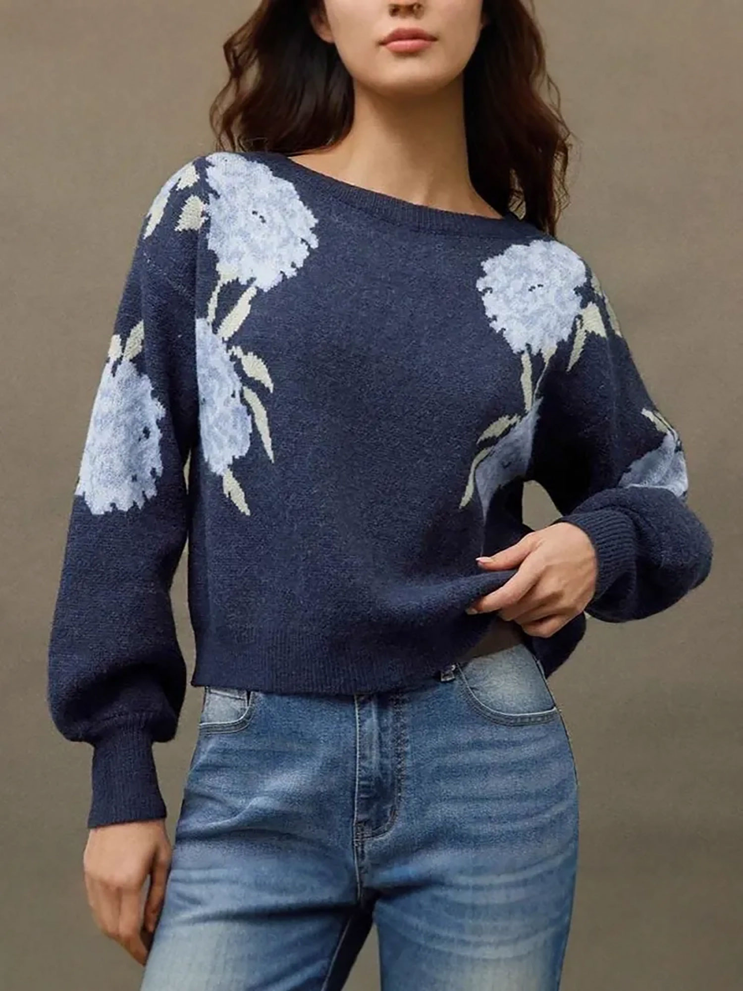 Floral Boat Neck Long Sleeves Pullover Sweater Royal Blue/M