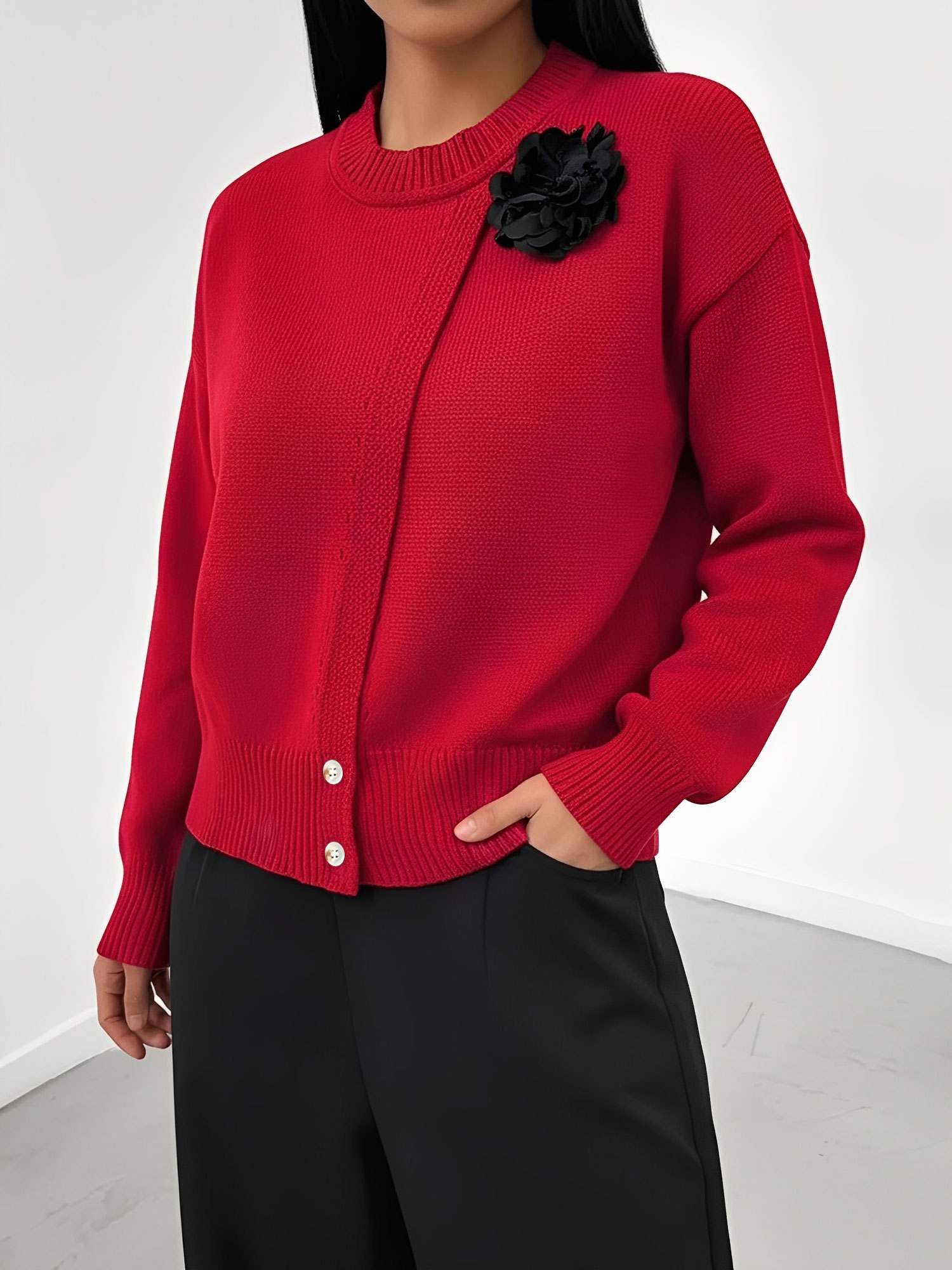 Solid Color Button Front Flower Decor Knitted Sweater Red/L
