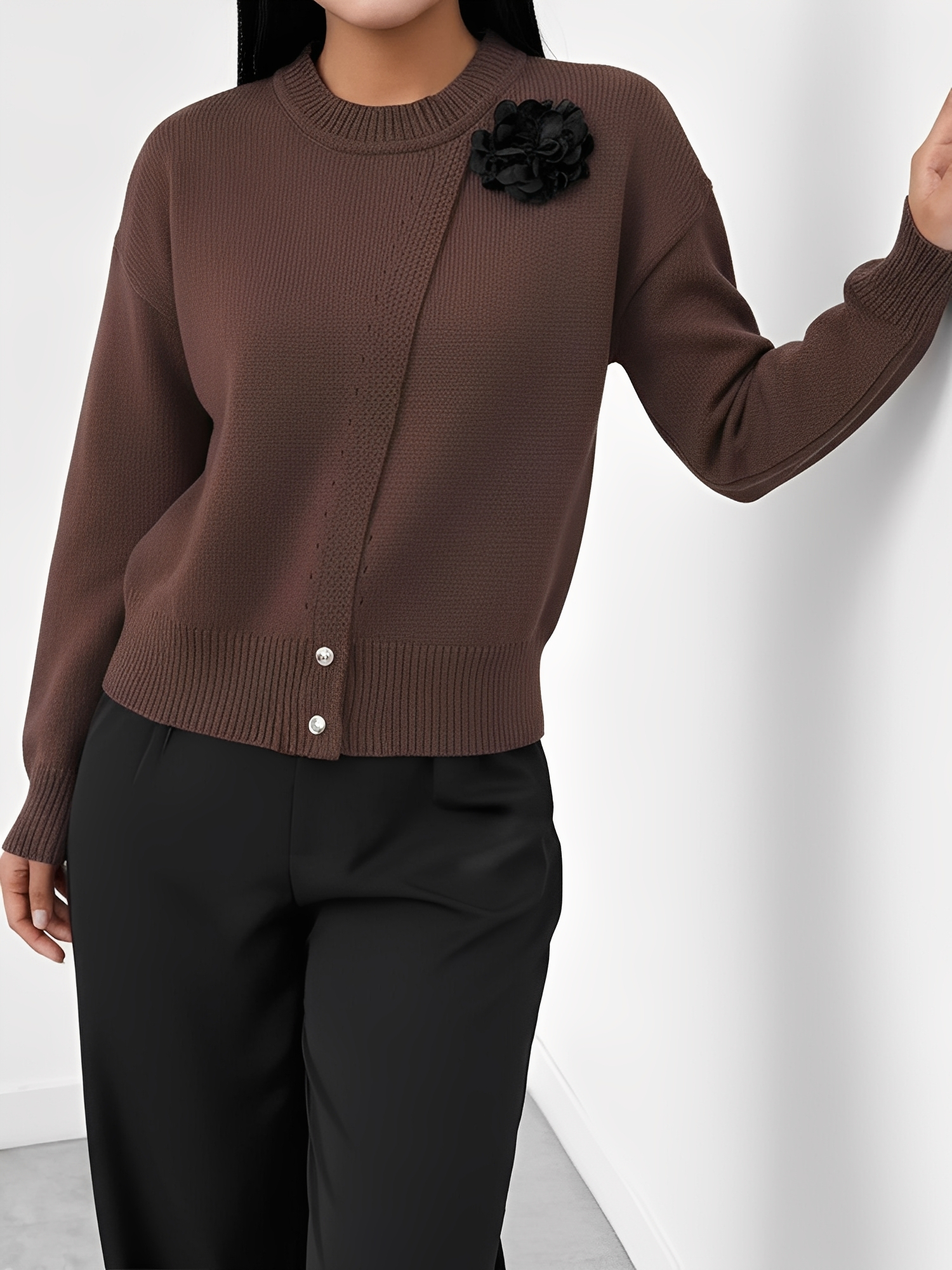 Solid Color Button Front Flower Decor Knitted Sweater Coffee/S