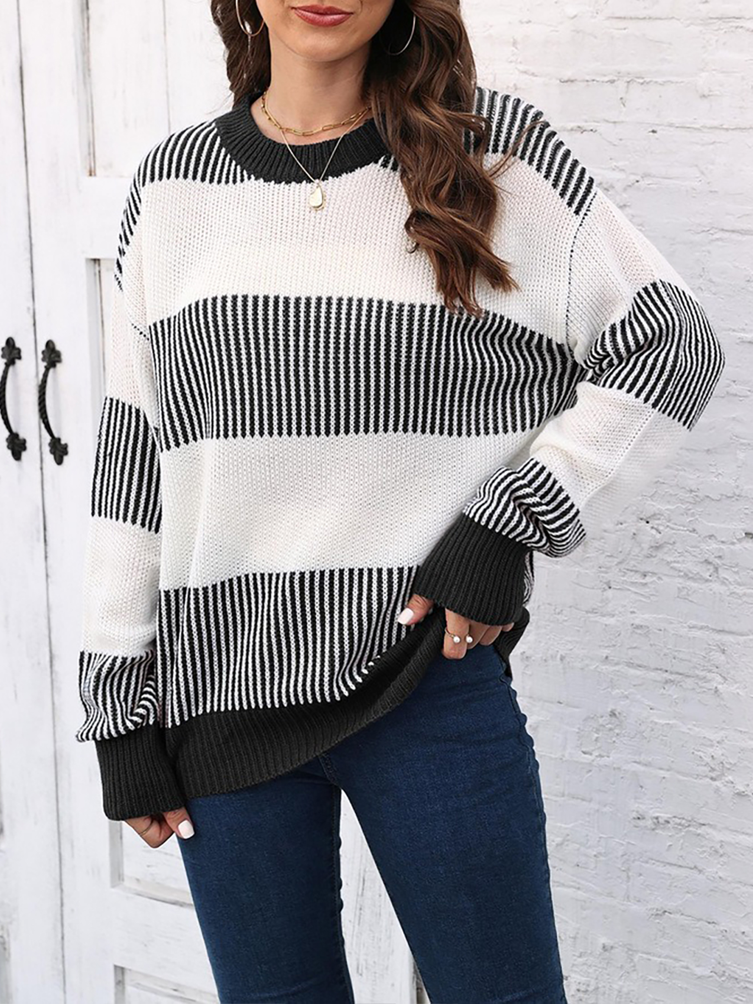 Casual Loose Fit Striped Knitted Pullover Sweater Black/XL