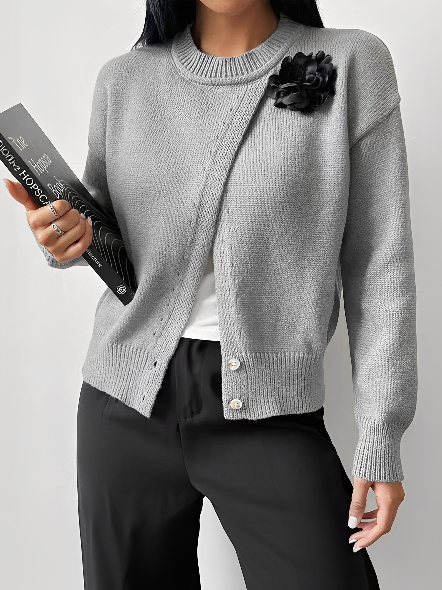 Solid Color Button Front Flower Decor Knitted Sweater Light Gray/S