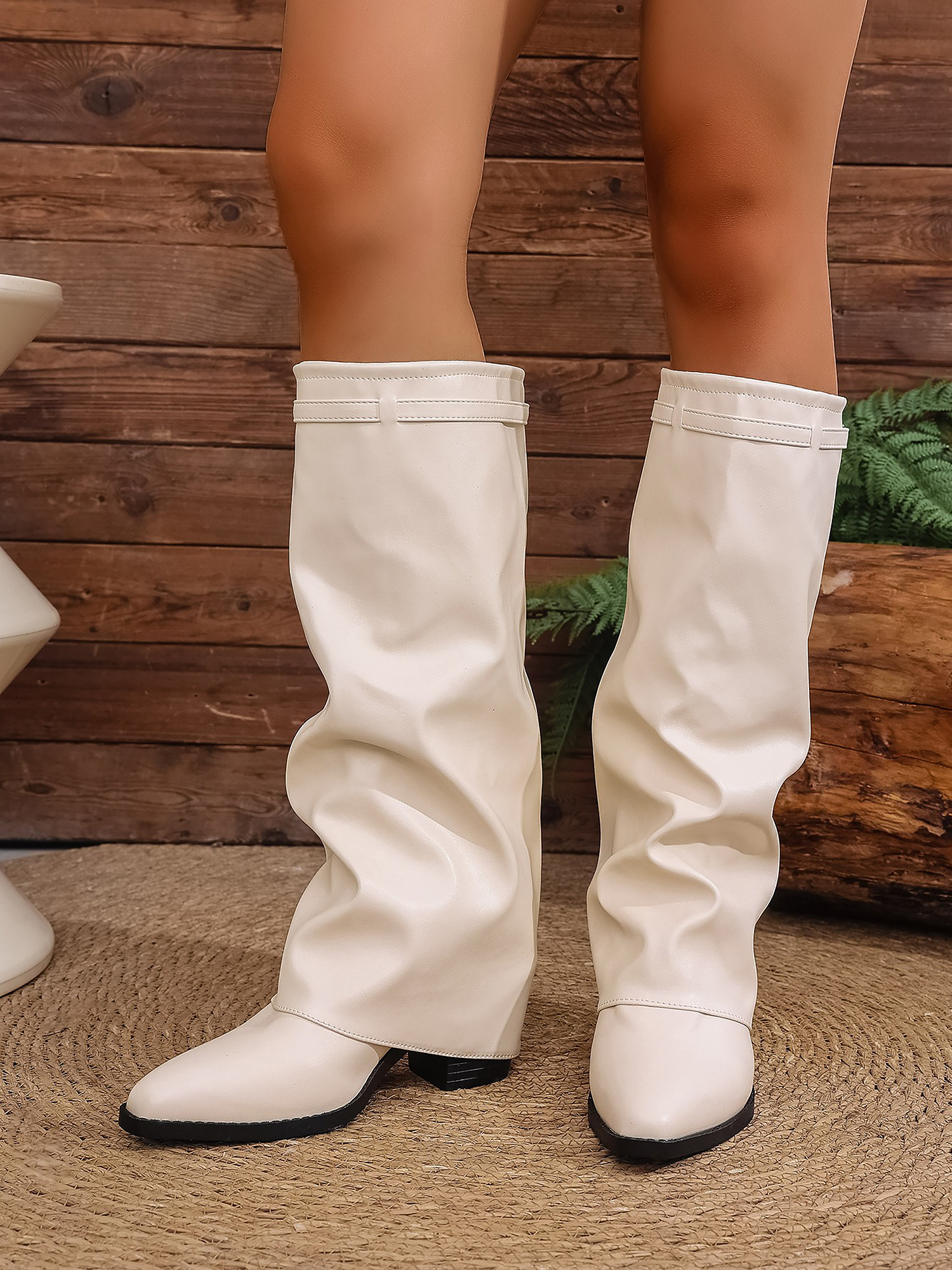 Faux Leather Block Heels Fold Over Knee High Boots Faux Leather Block Heels Fold Over Knee High Boots