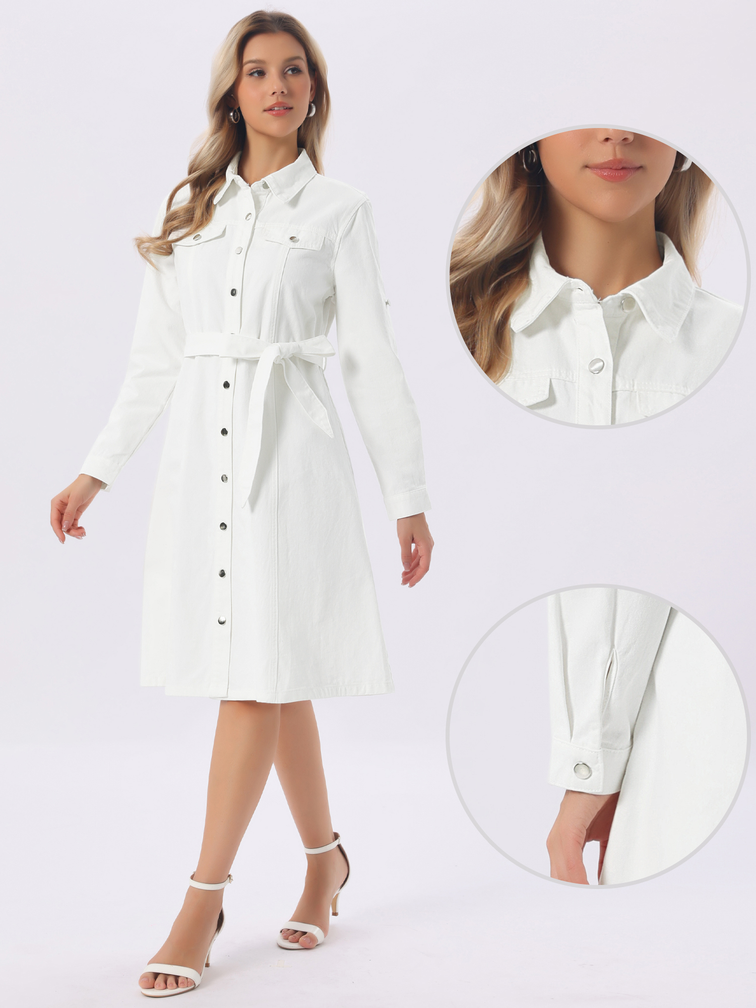 Denim Button Down Long Sleeve Belted Classic Jean Shirt Dress White/M