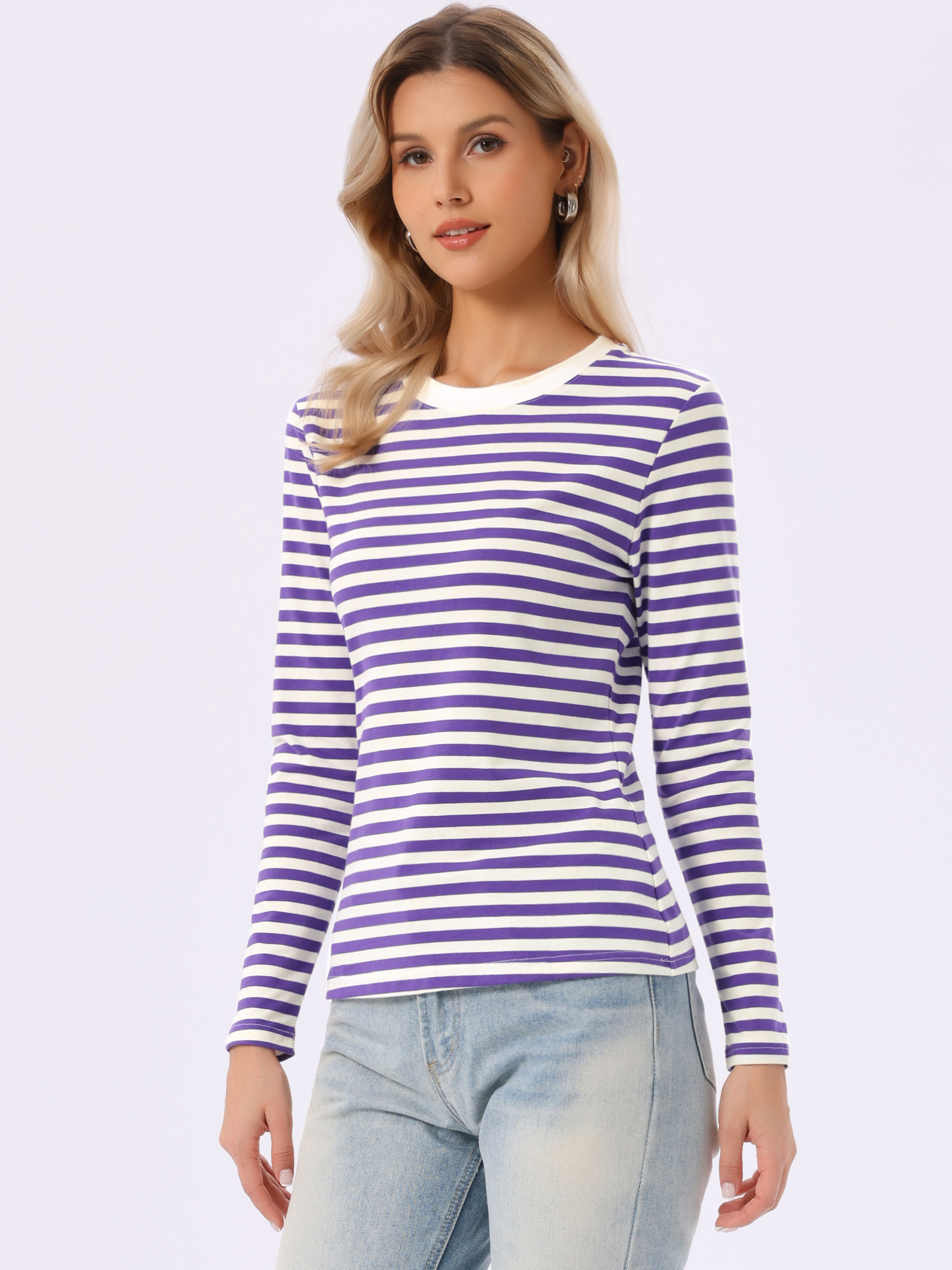 Striped Long Sleeve Crew Neck Casual Tops Deep Purple Stripe/S