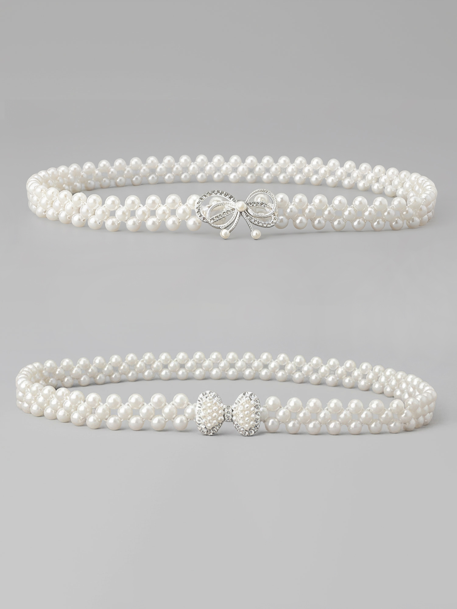 2 Pieces Faux Pearl Chain Rhinestone Women's Belt Silver/M