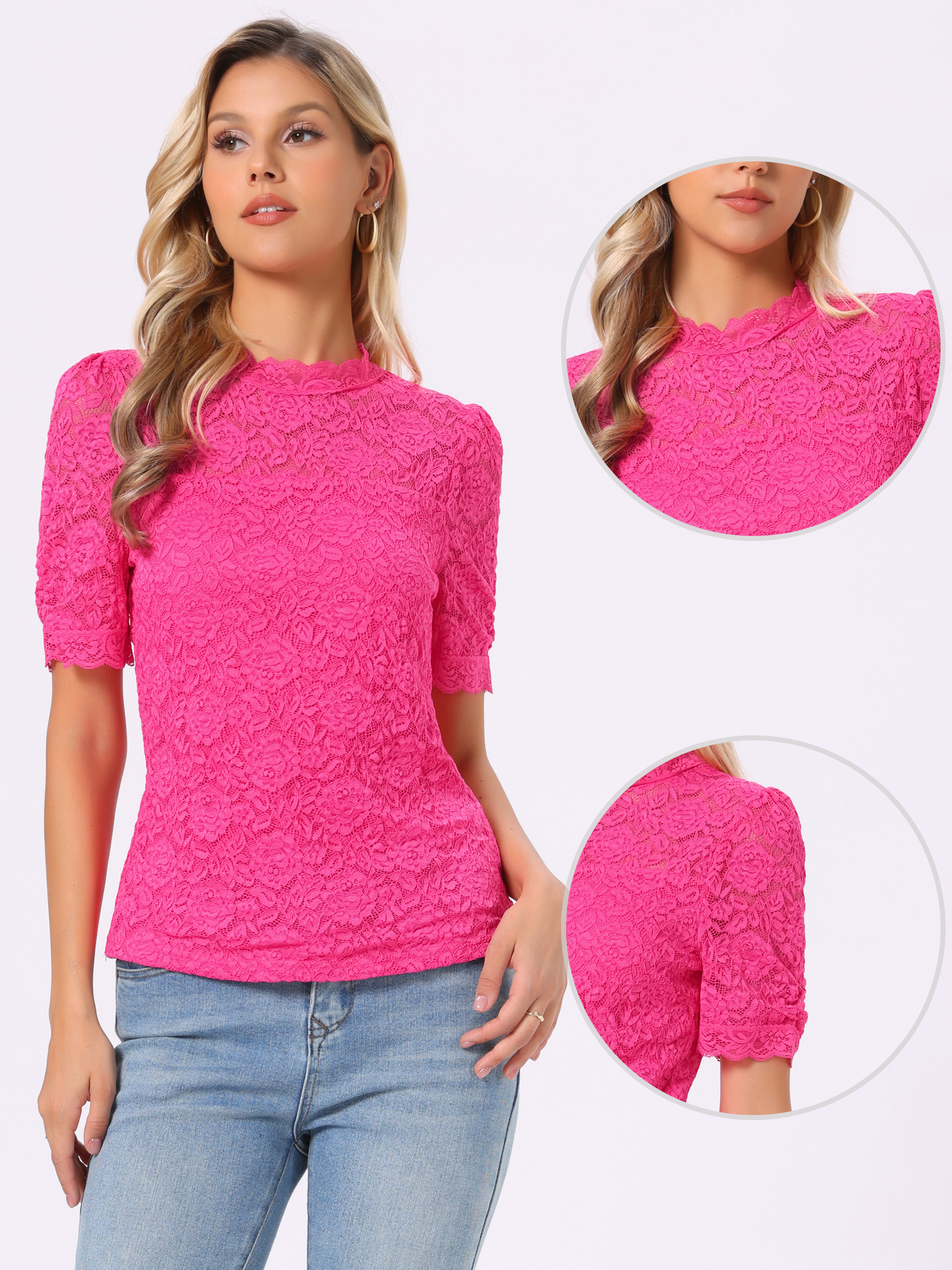 Floral Lace Mock Neck Puff Short Sleeve Blouse Hot Pink/M