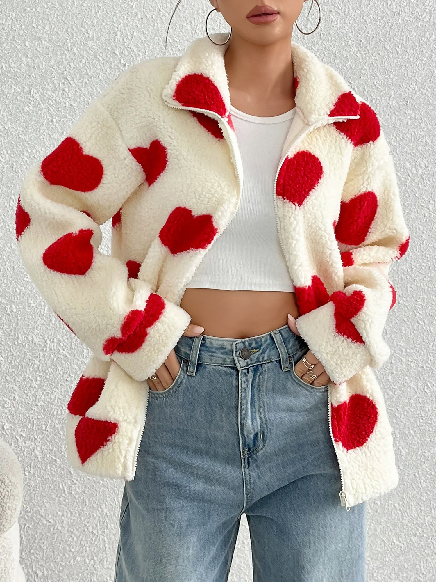 Plush Heart Print Loose Long Sleeve Zipper Jacket Red/S