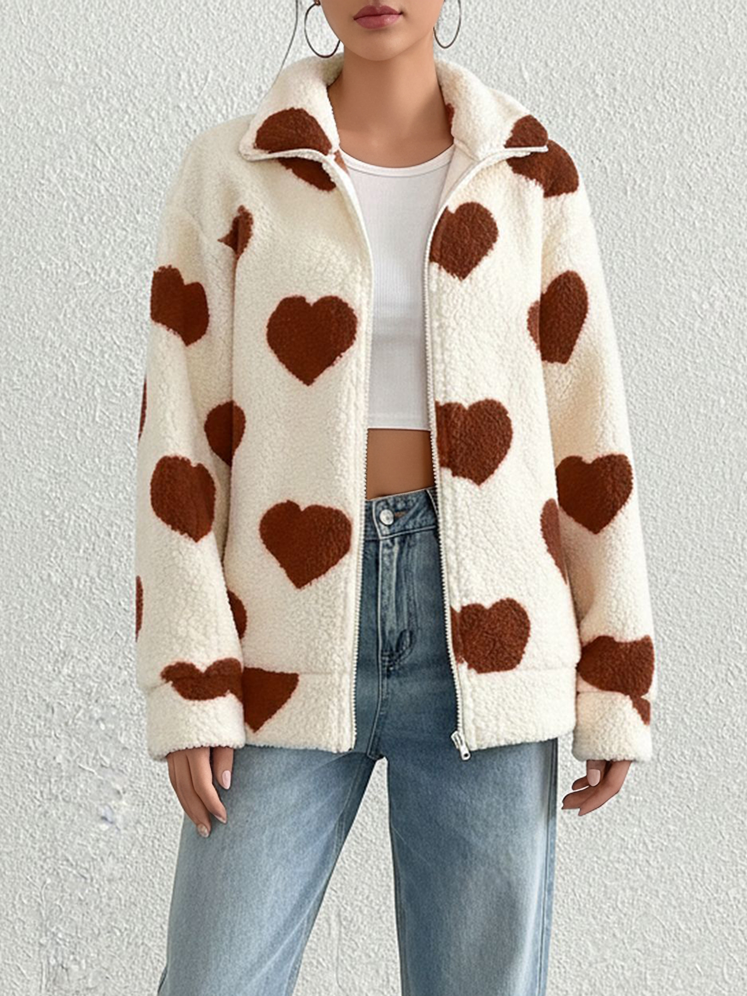 Plush Heart Print Loose Long Sleeve Zipper Jacket Khaki/L