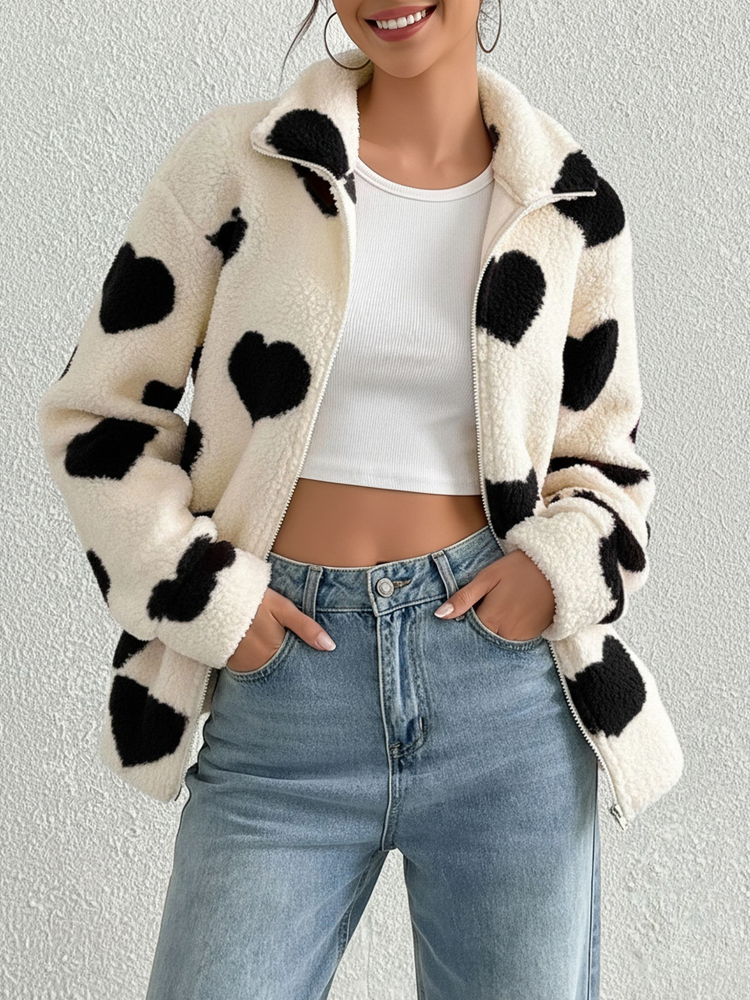 Plush Heart Print Loose Long Sleeve Zipper Jacket Black/L