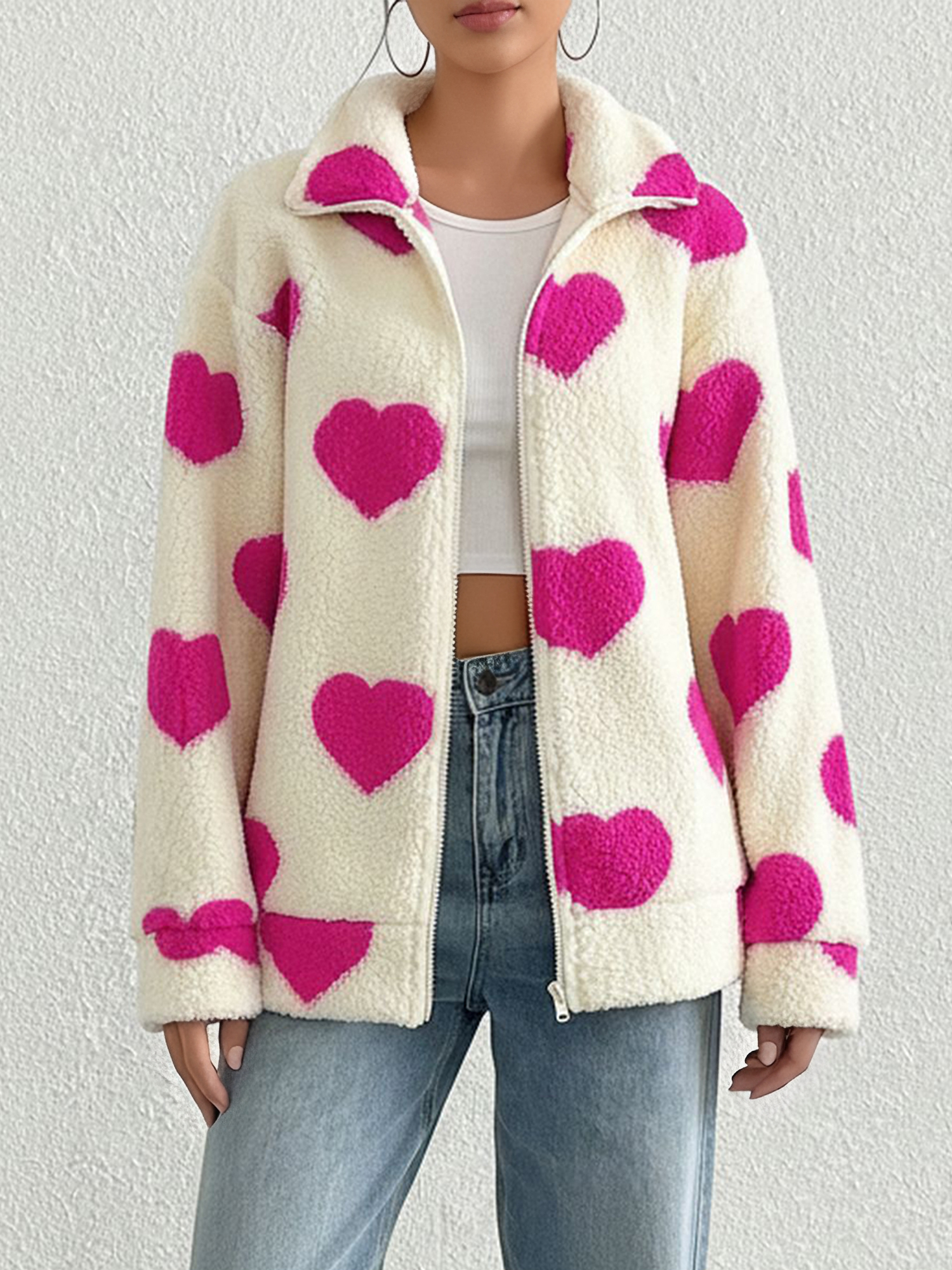 Plush Heart Print Loose Long Sleeve Zipper Jacket Rose Red/XL