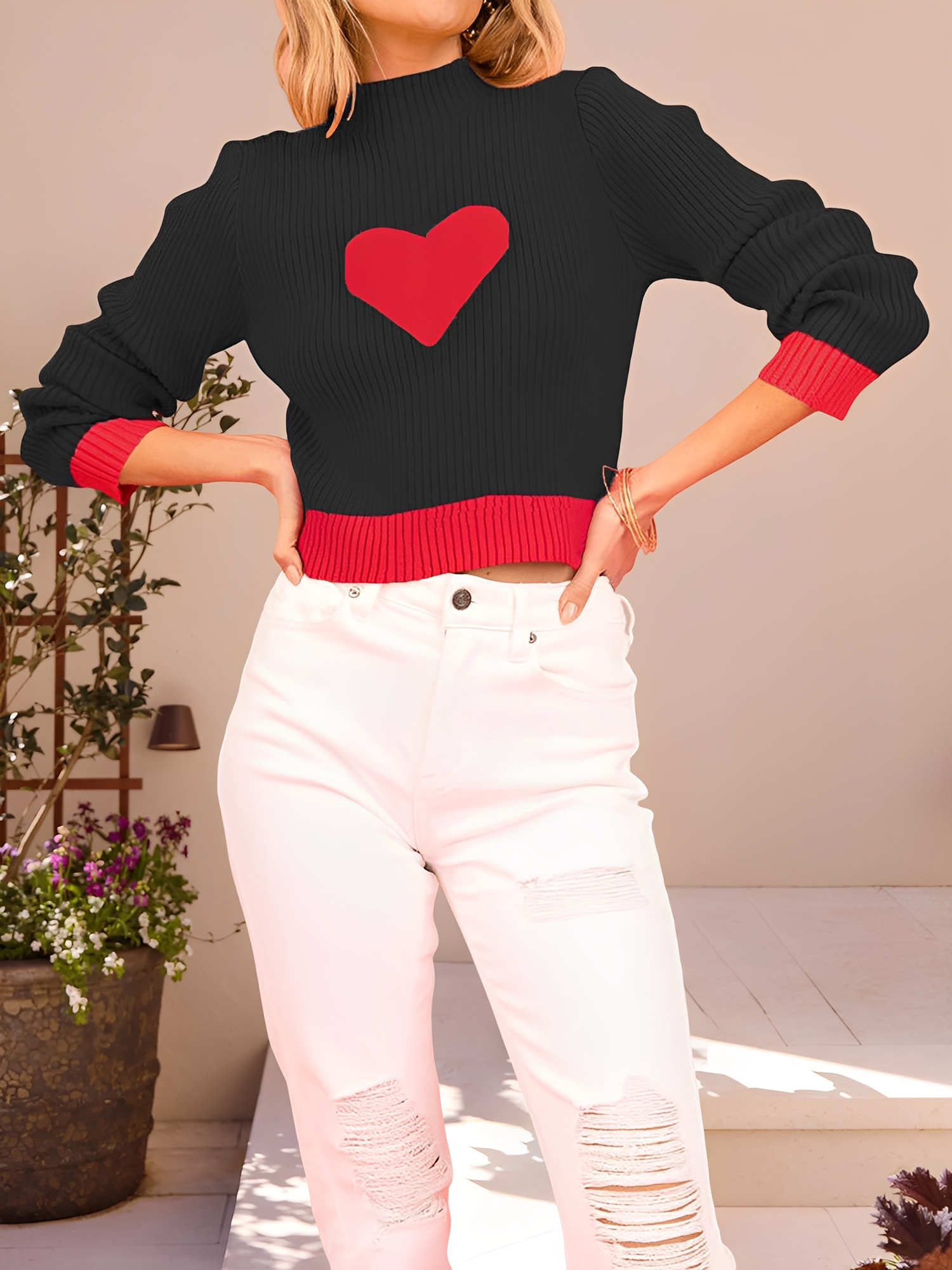 Mock Neck Love Heart Pullover Knitted Sweater Black/L