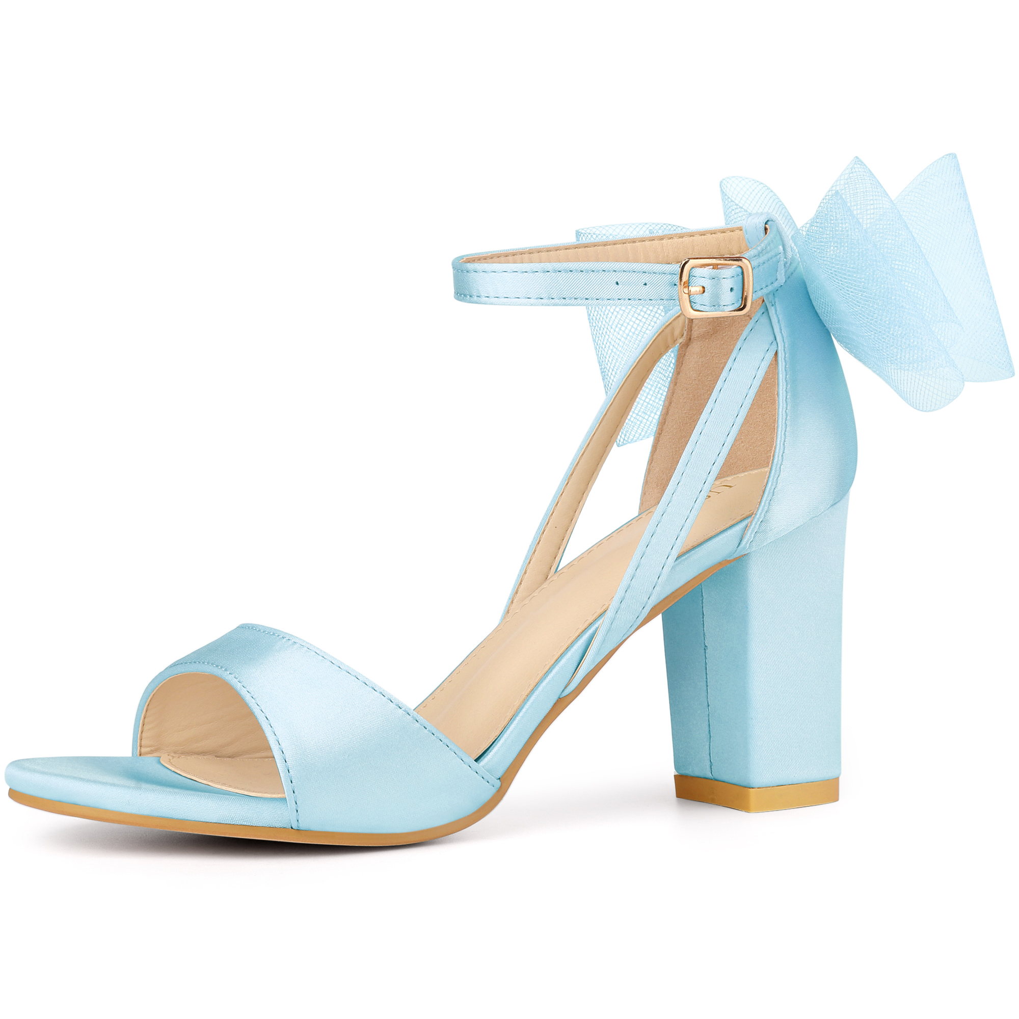 Women's Mesh Bow Ankle Strap Open Toe Chunky Heel Sandals Light Blue/9.5