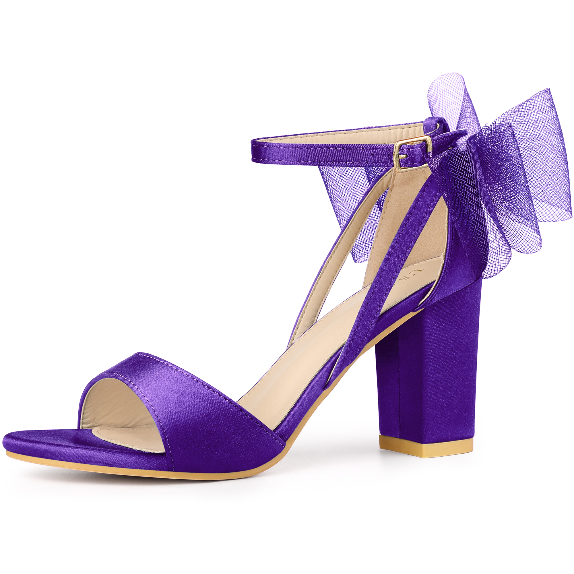 Women's Mesh Bow Ankle Strap Open Toe Chunky Heel Sandals Dark Purple/9.5