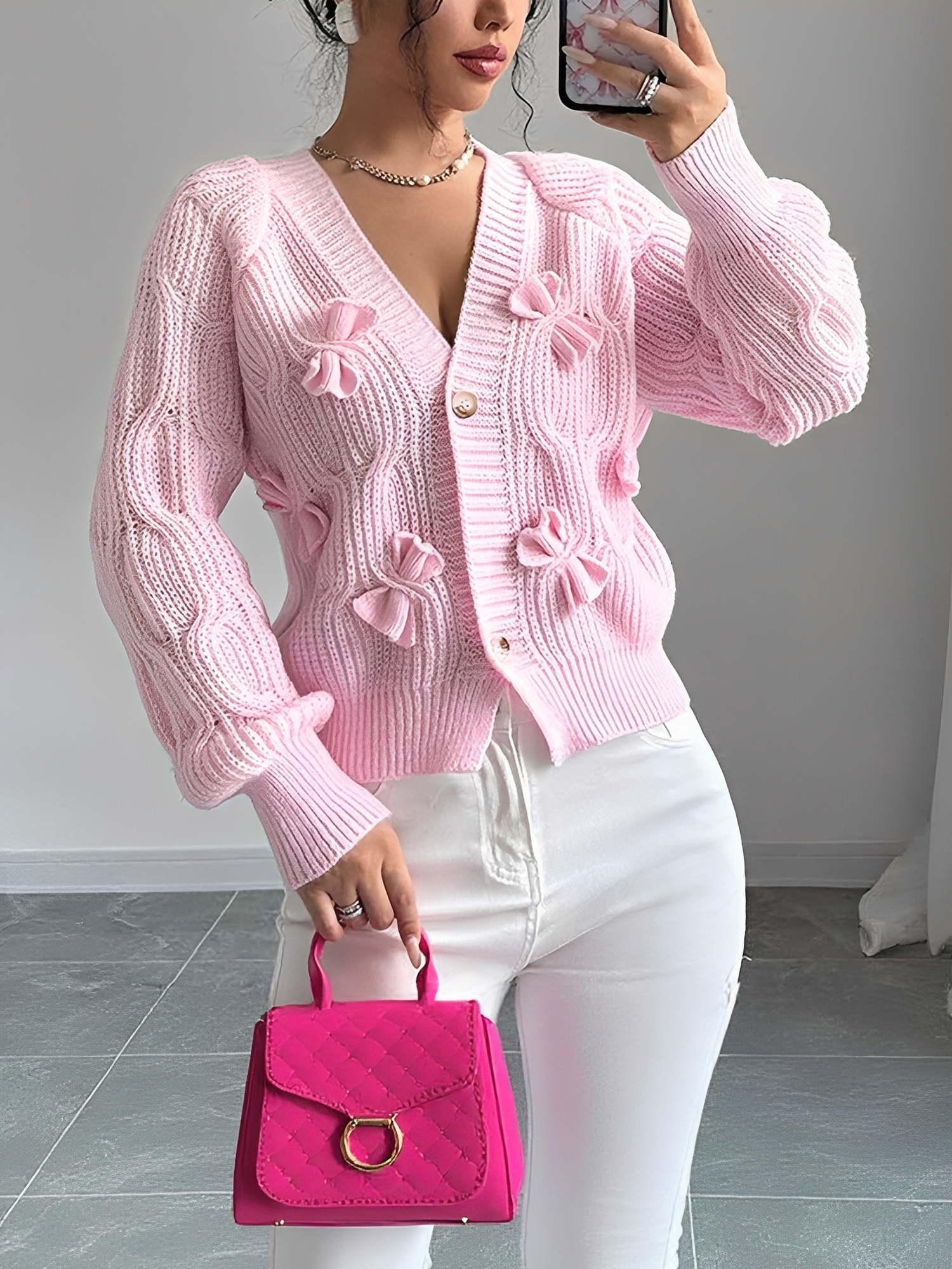 Solid Color Long Sleeve Bow Detail Knitted Cardigan Pink/M