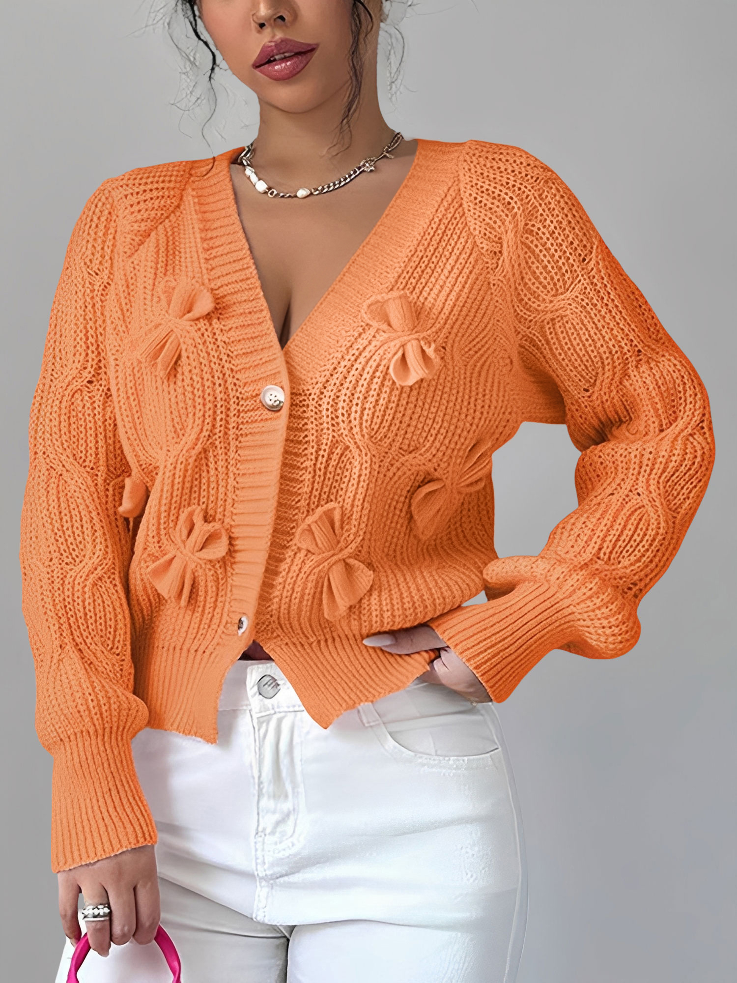 Solid Color Long Sleeve Bow Detail Knitted Cardigan Orange/XS