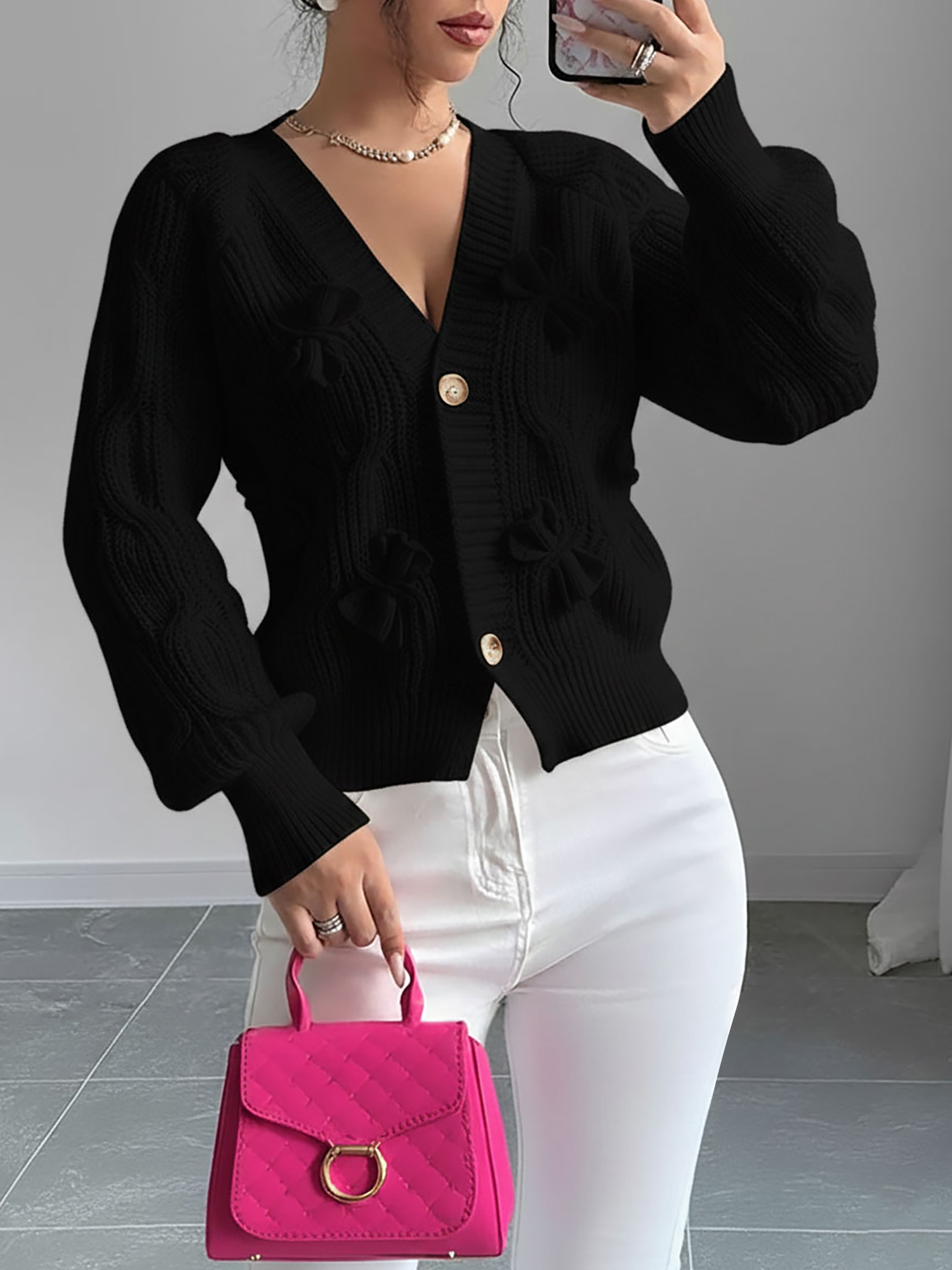 Solid Color Long Sleeve Bow Detail Knitted Cardigan Black/L
