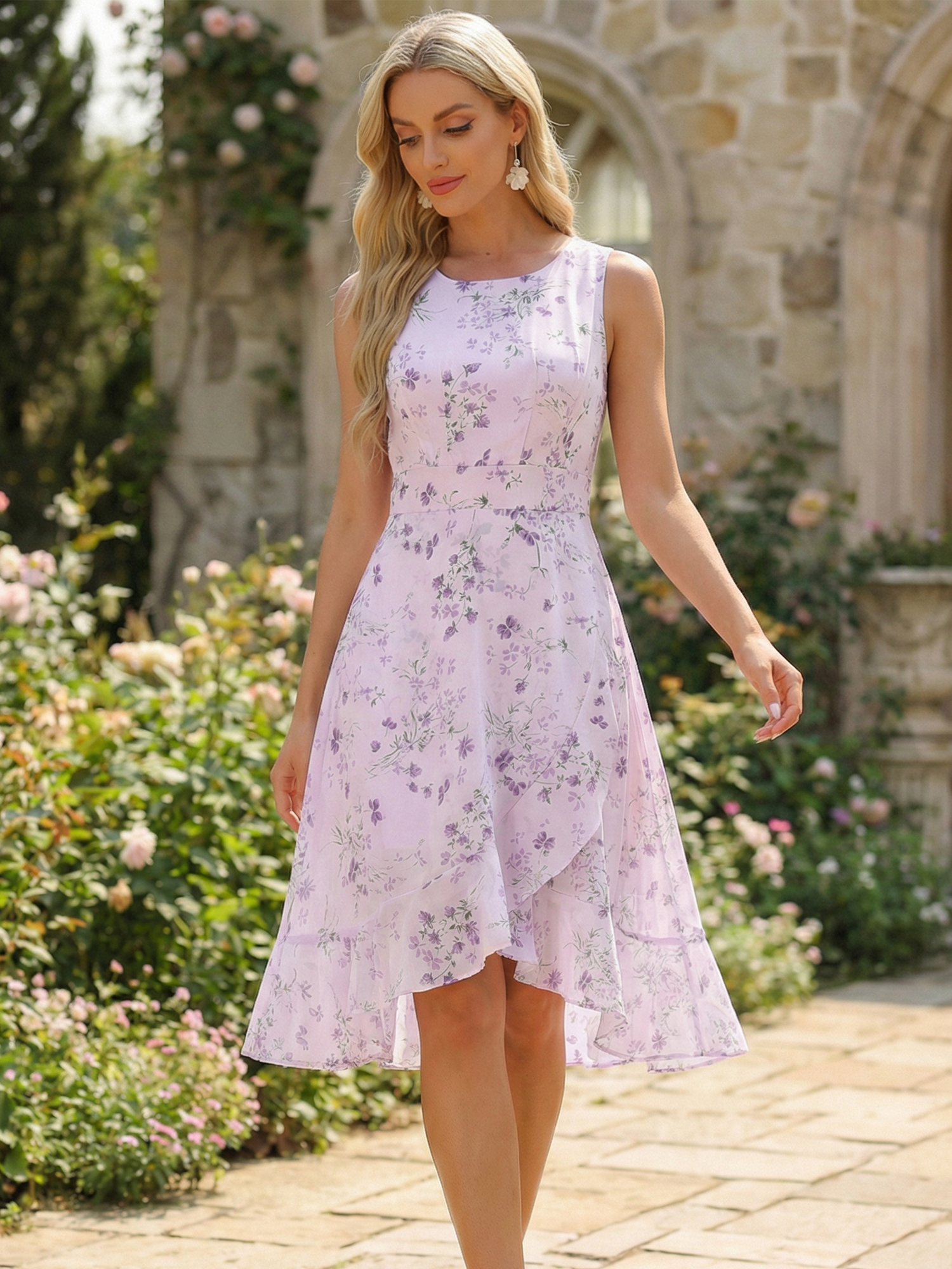 Wrap Ruffle High Low Hem Round Neck Sleeveless Floral Dress Purple/XS