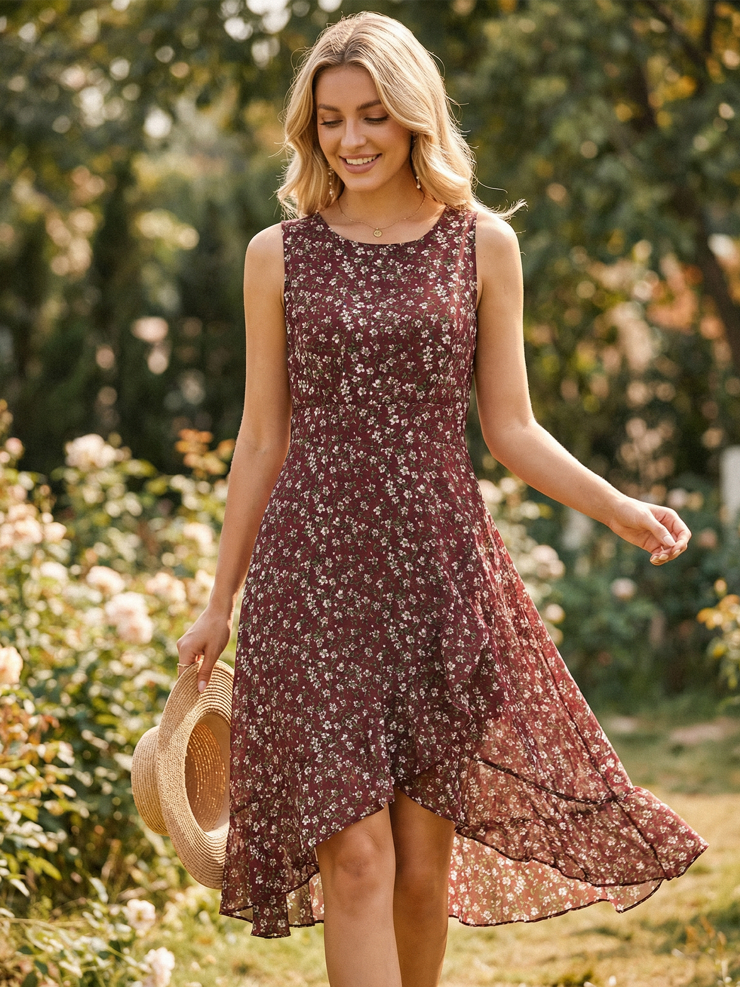 Wrap Ruffle High Low Hem Round Neck Sleeveless Floral Dress Wine Red/S
