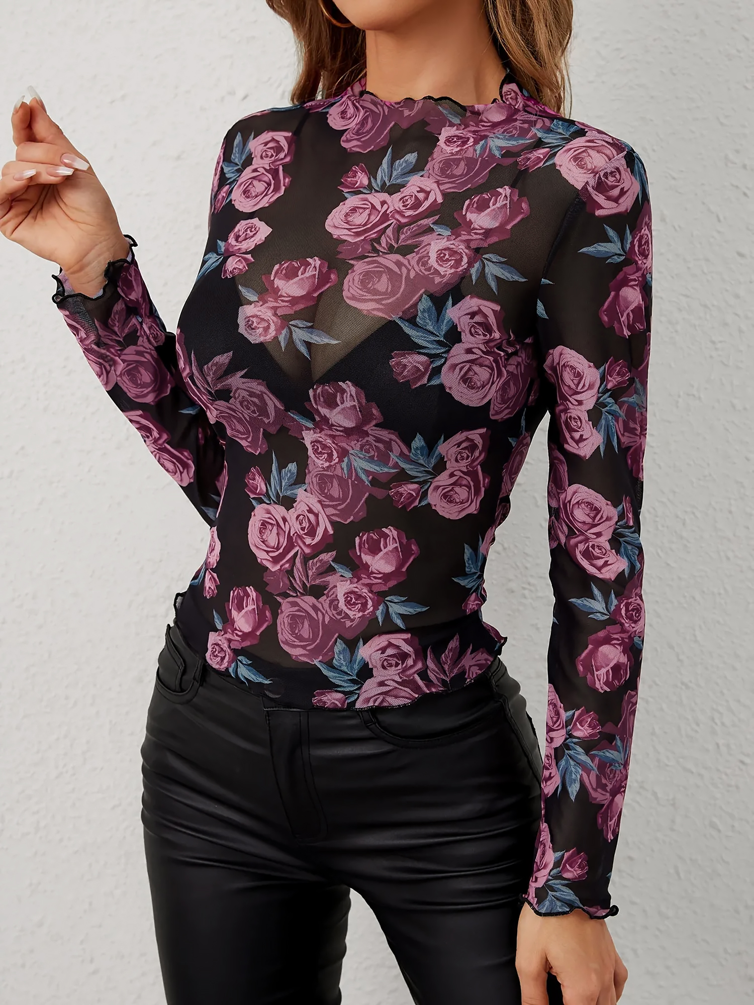 Floral Print Mock Neck Mesh Sheer Long Sleeves Blouse Hot Pink/M