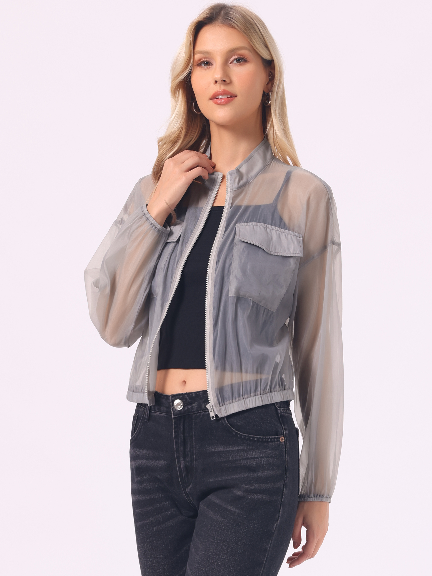 Sheer Zip Up Long Sleeve See Through Bomber Jacket Grey/L