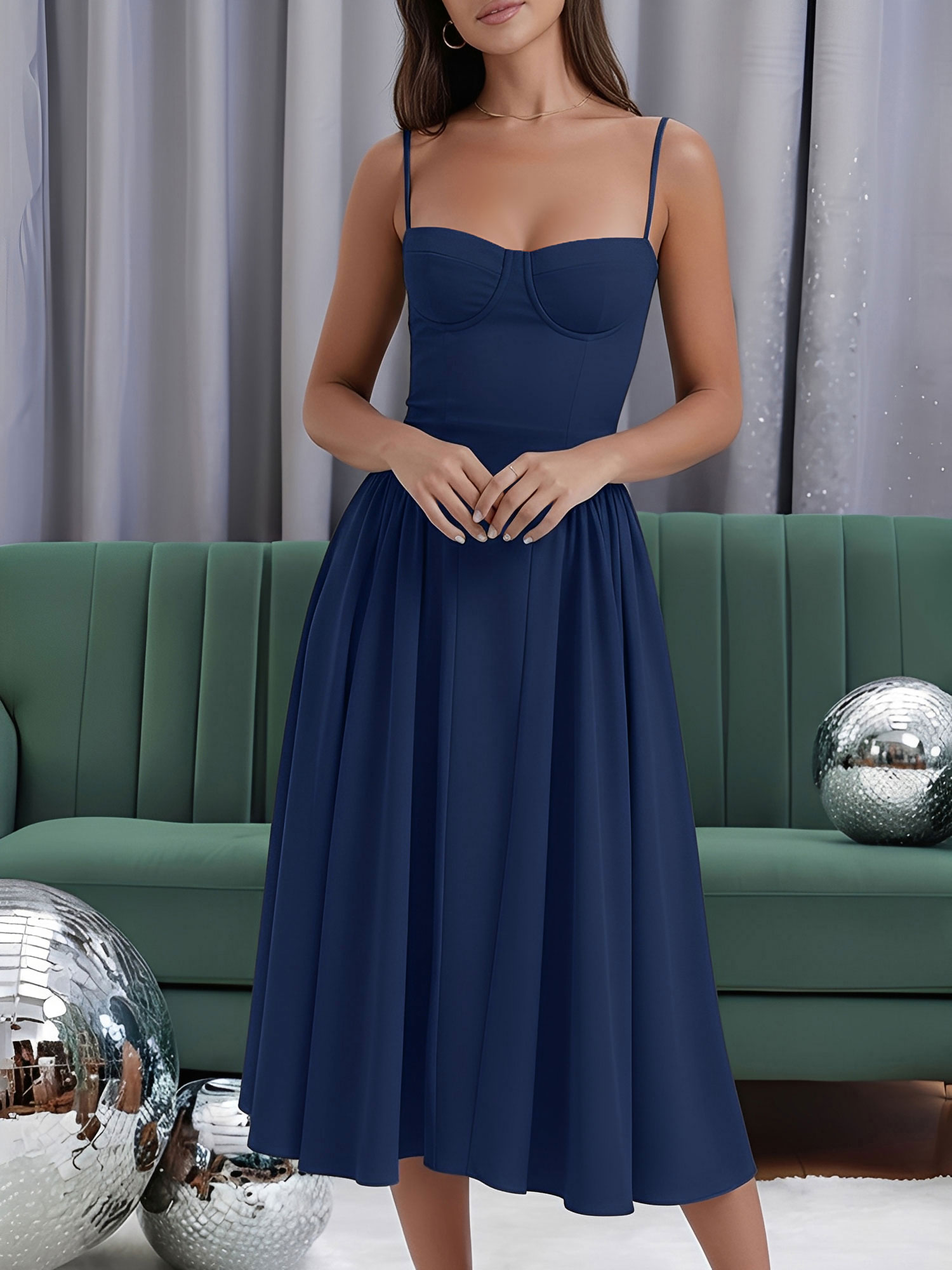 Spaghetti Strap Backless Pockets A-Line Midi Dress Navy Blue/XS