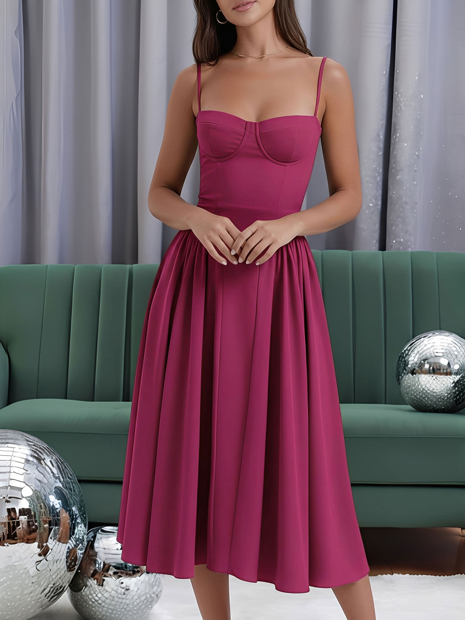 Spaghetti Strap Backless Pockets A-Line Midi Dress Dark Red/M
