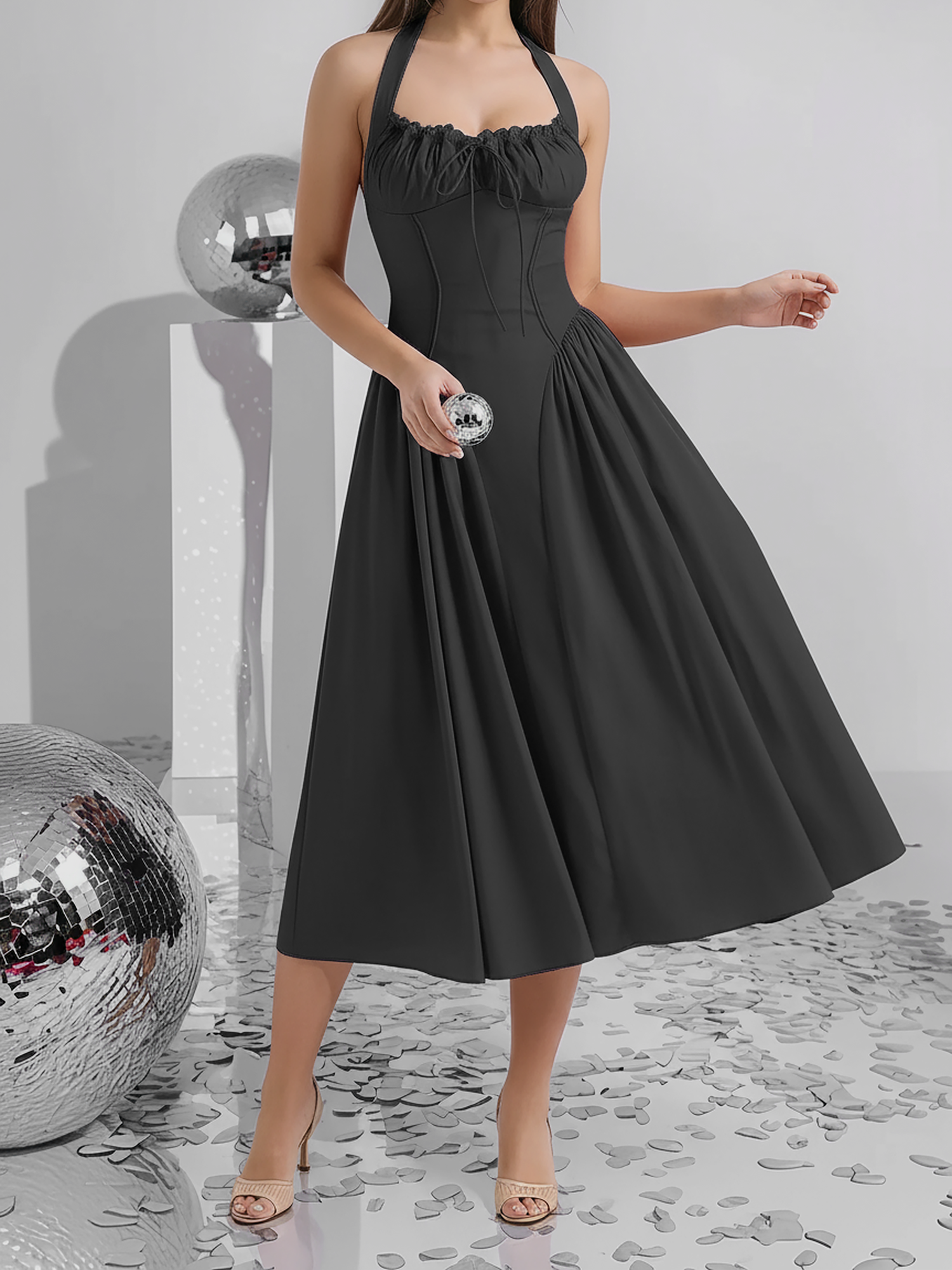 Halter Lace-Up Ruched Sleeveless Midi A-Line Dress Black/M
