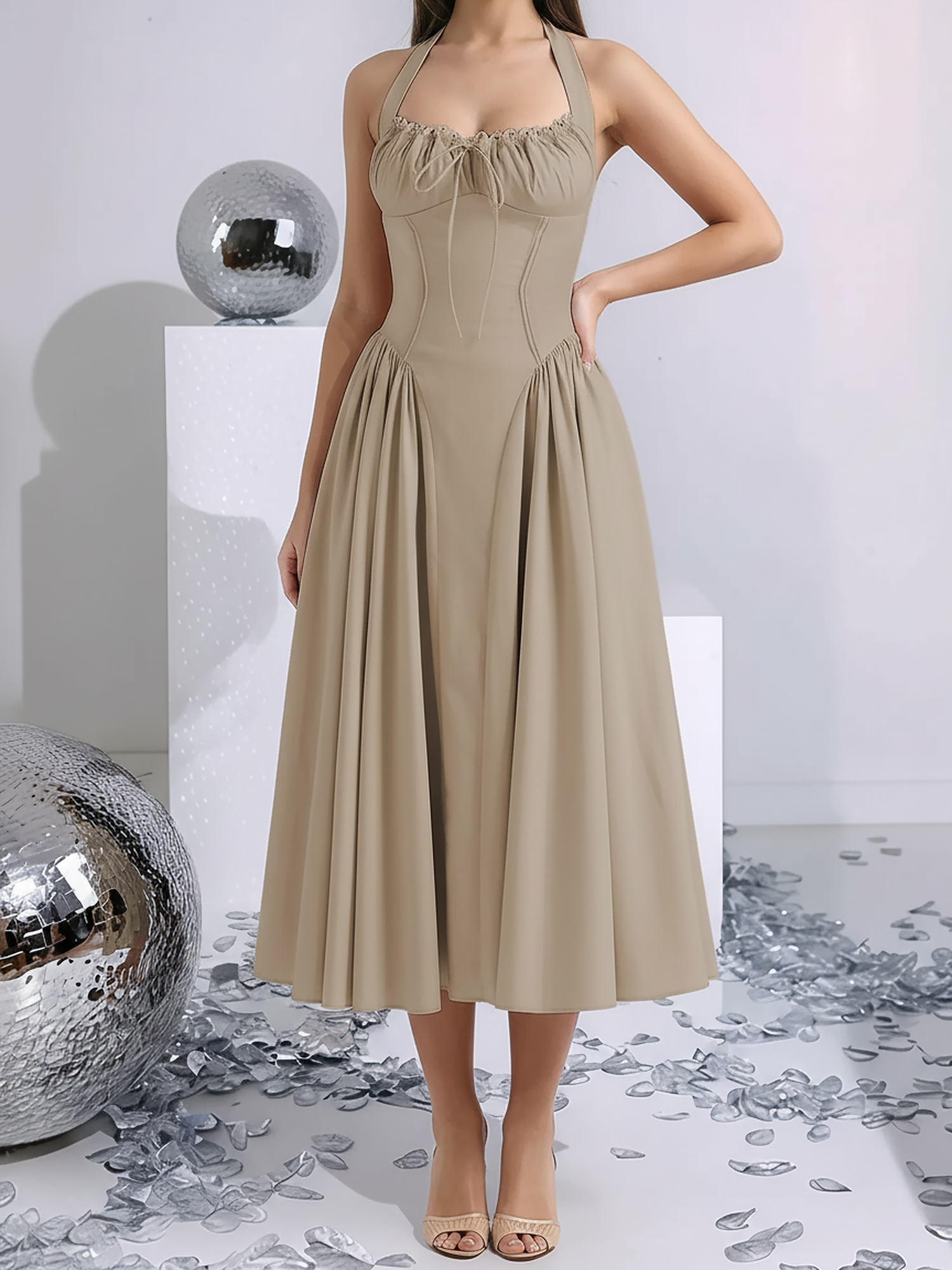 Halter Lace-Up Ruched Sleeveless Midi A-Line Dress Coffee/M