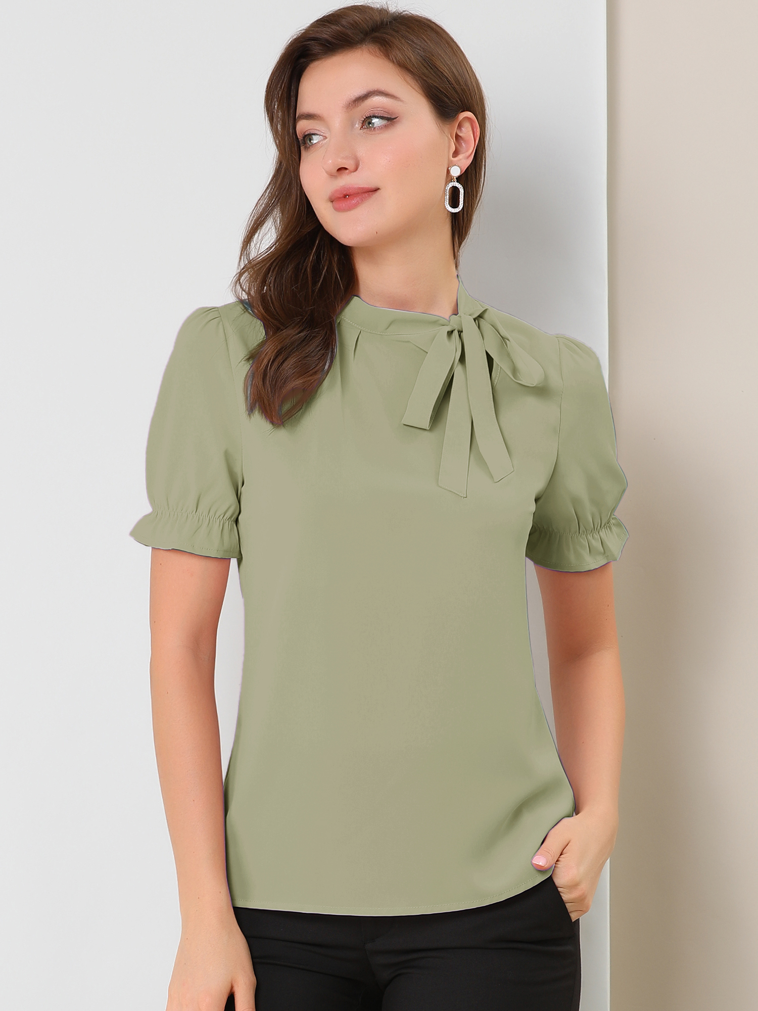 Bow Tie Neck Tops Elegant Office Short Sleeve Blouse Tea Green/XL